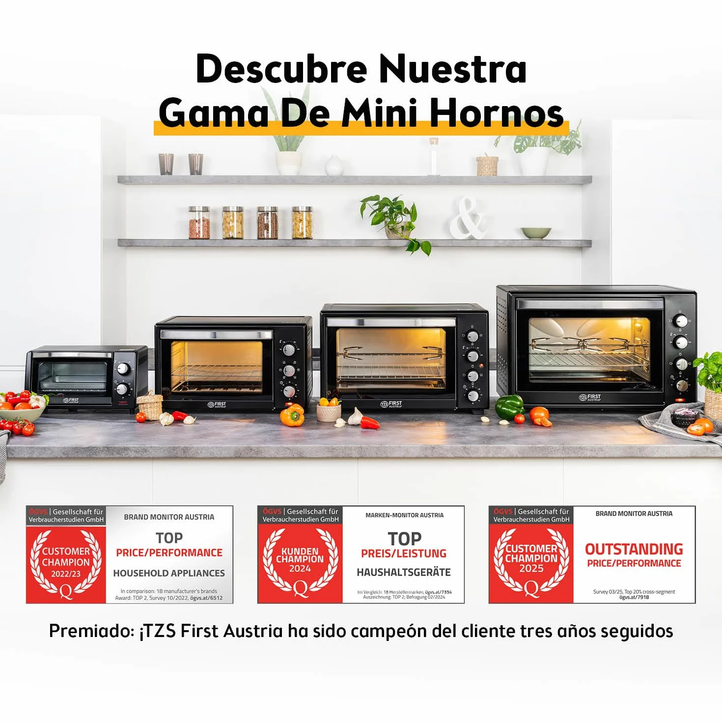 First Austria Mini Horno 30L 1600W Horno Eléctrico con Termostato 230°C Temporizador 60min 3 Alturas Bandeja Parrilla