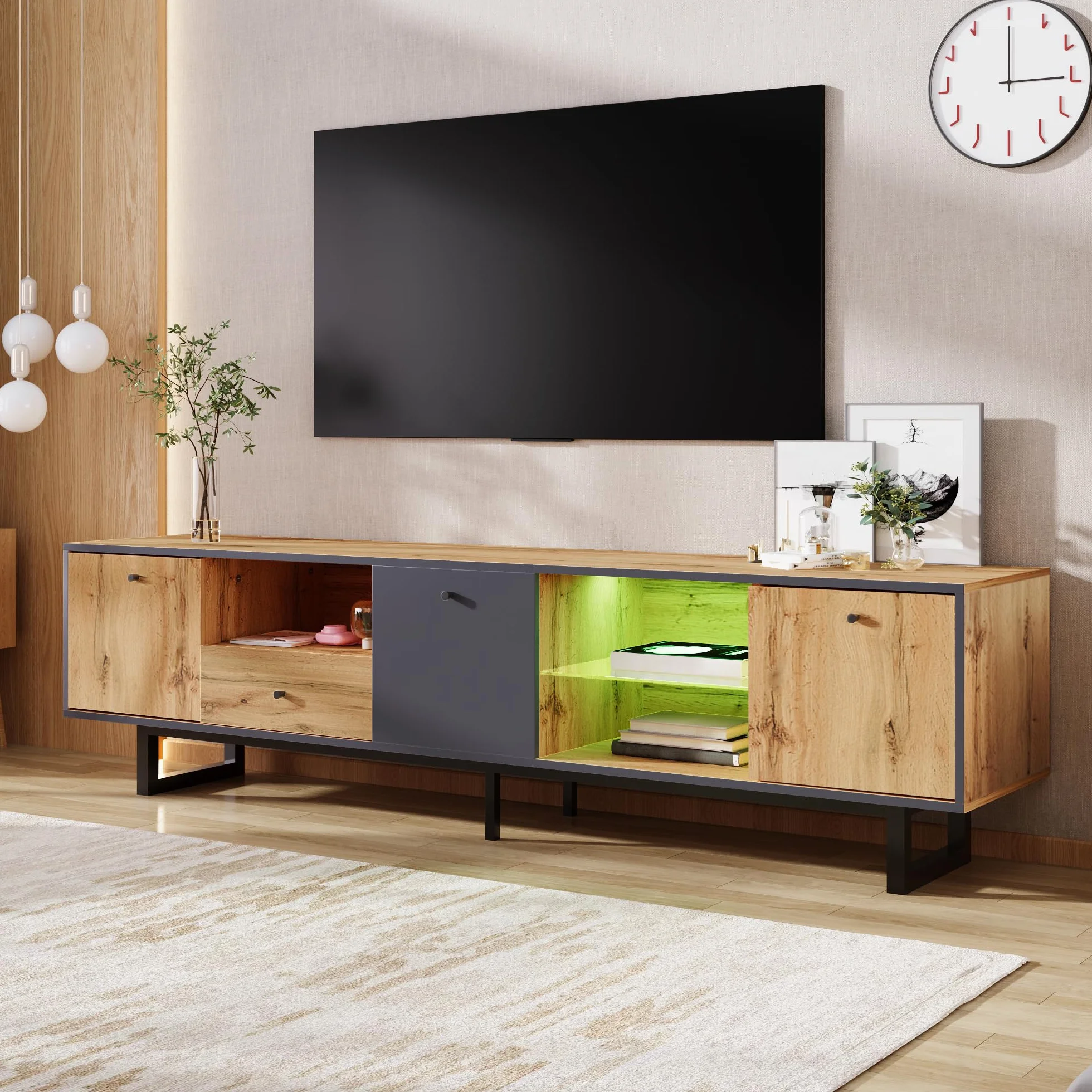 LAKFEW Mueble TV Salon de hasta 80 Pulgadas, Muebles TV con Iluminación LED y 3 Puertas, Muebles de Salon con 1 Cajón y 3 Compartimentos, Mueble Television, 190x40x50 cm, Natural