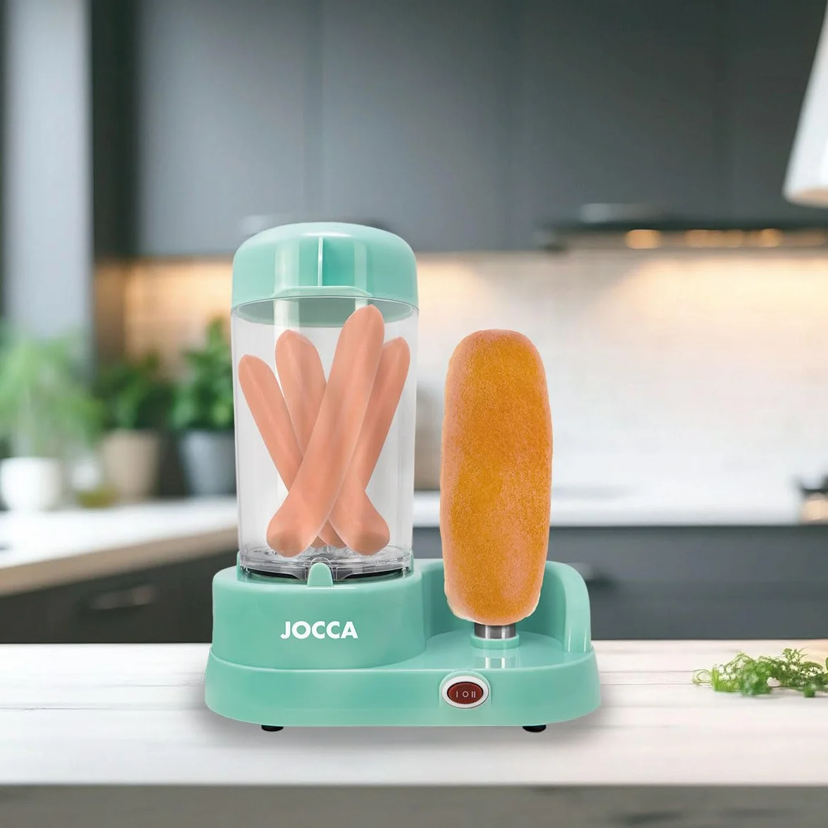 Jocca - Máquina para perritos calientes | Capacidad 6 salchichas | Barra de acero inoxidable para pan | 350 W | Fácil de usar y limpiar | Color turquesa | Diseño compacto y divertido