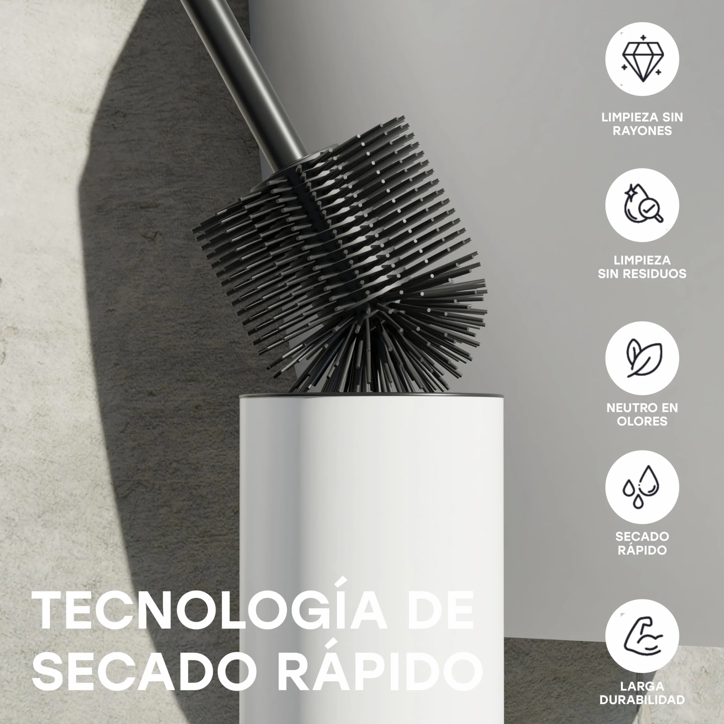 Escobilla Baño Silicona Acero Inoxidable con Tapa Protectora SAVEGA Diseño Moderno Blanco