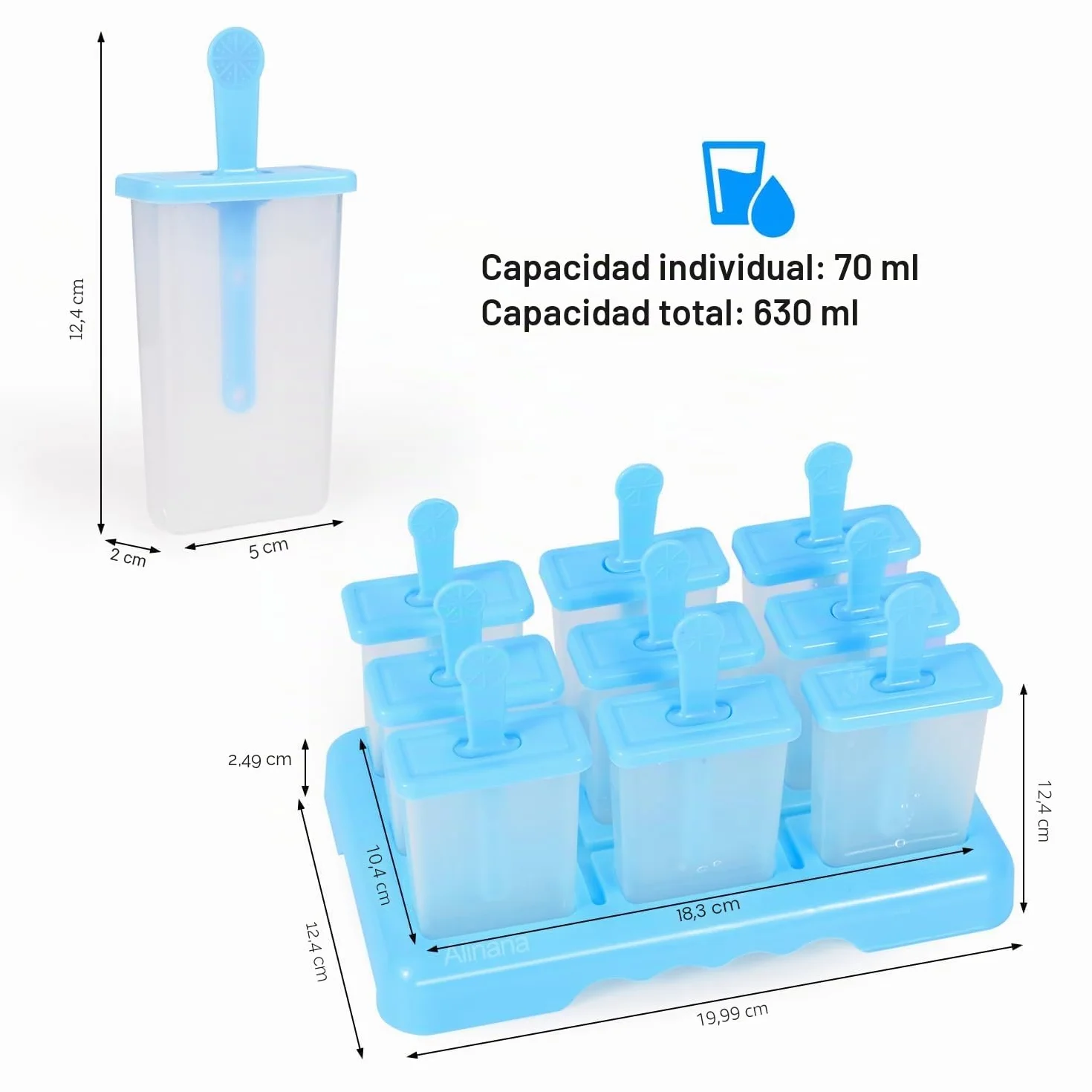 Moldes para Helados 9 Cavidades Reutilizable sin BPA, DIY Molde Helado con Palo, Cepillo y Embudo