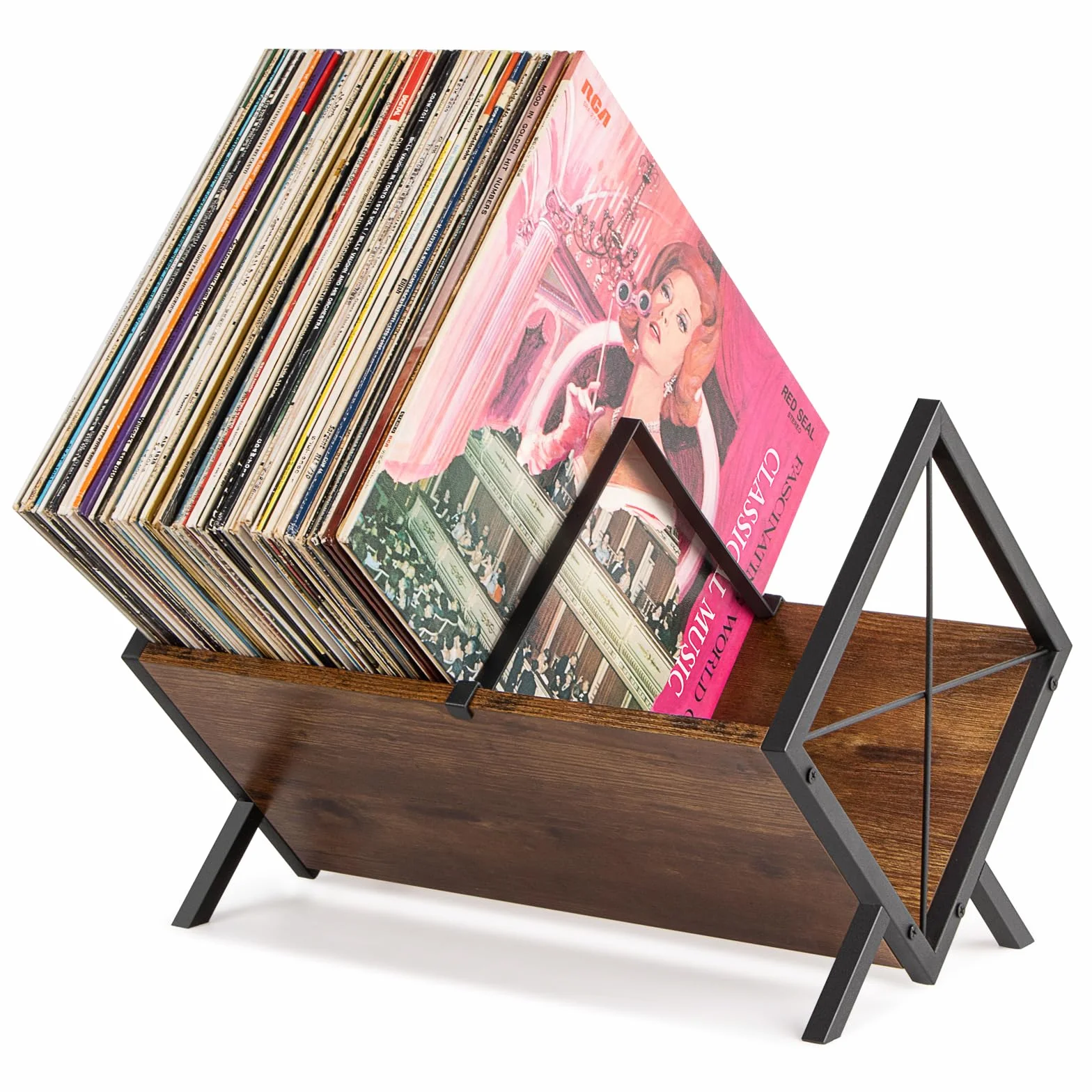 PUERSI Soporte Vinilos 80 LP Expositor Discos Vinilo 1 Nivel Almacenamiento con Divisor Ajustable Organizador Álbumes Revistas Libros Archivos Marrón