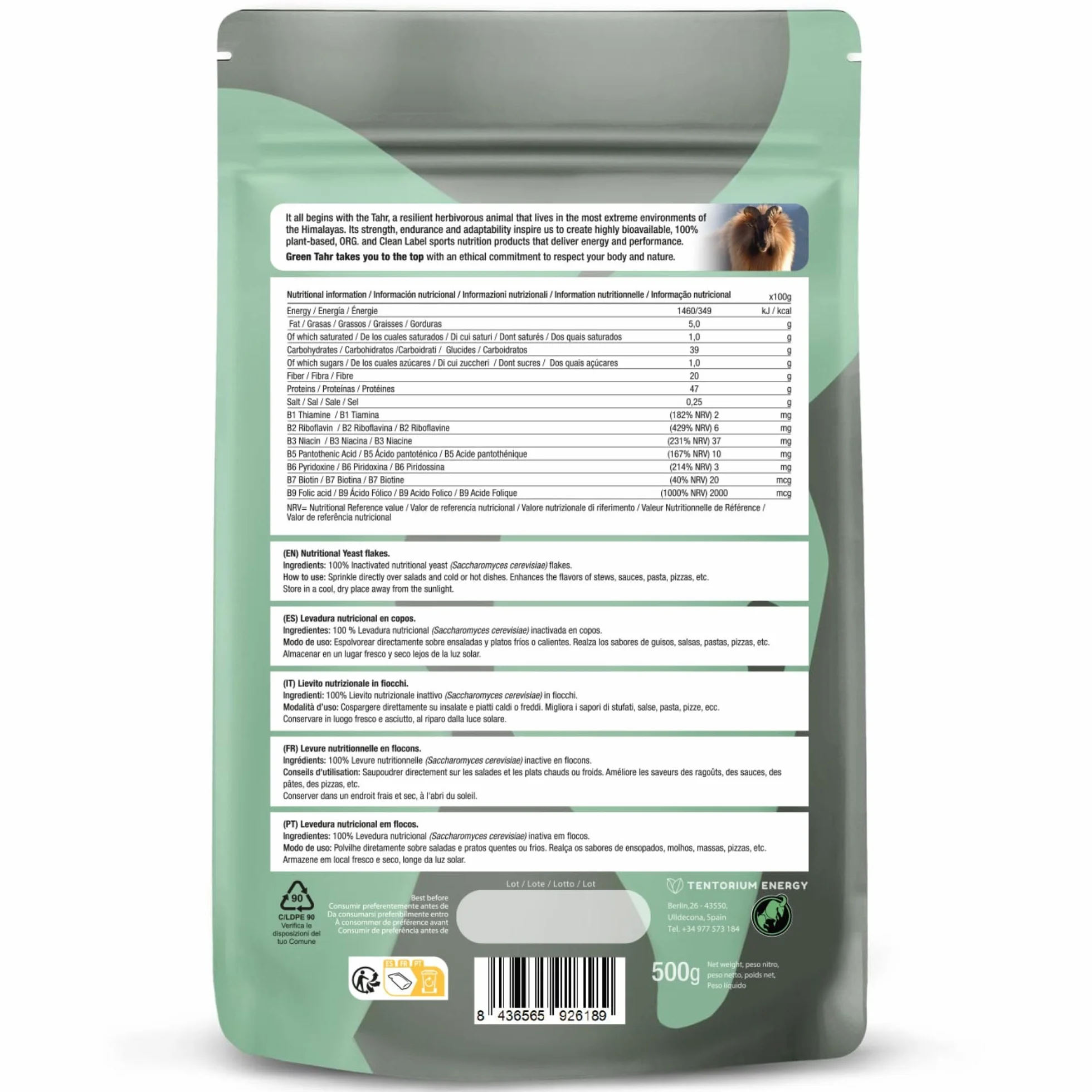 Green Tahr Levadura Nutricional 500g Nutritional Yeast en Copos Rica en Vitamina B y Proteínas 47% Sin Gluten Sin Lactosa
