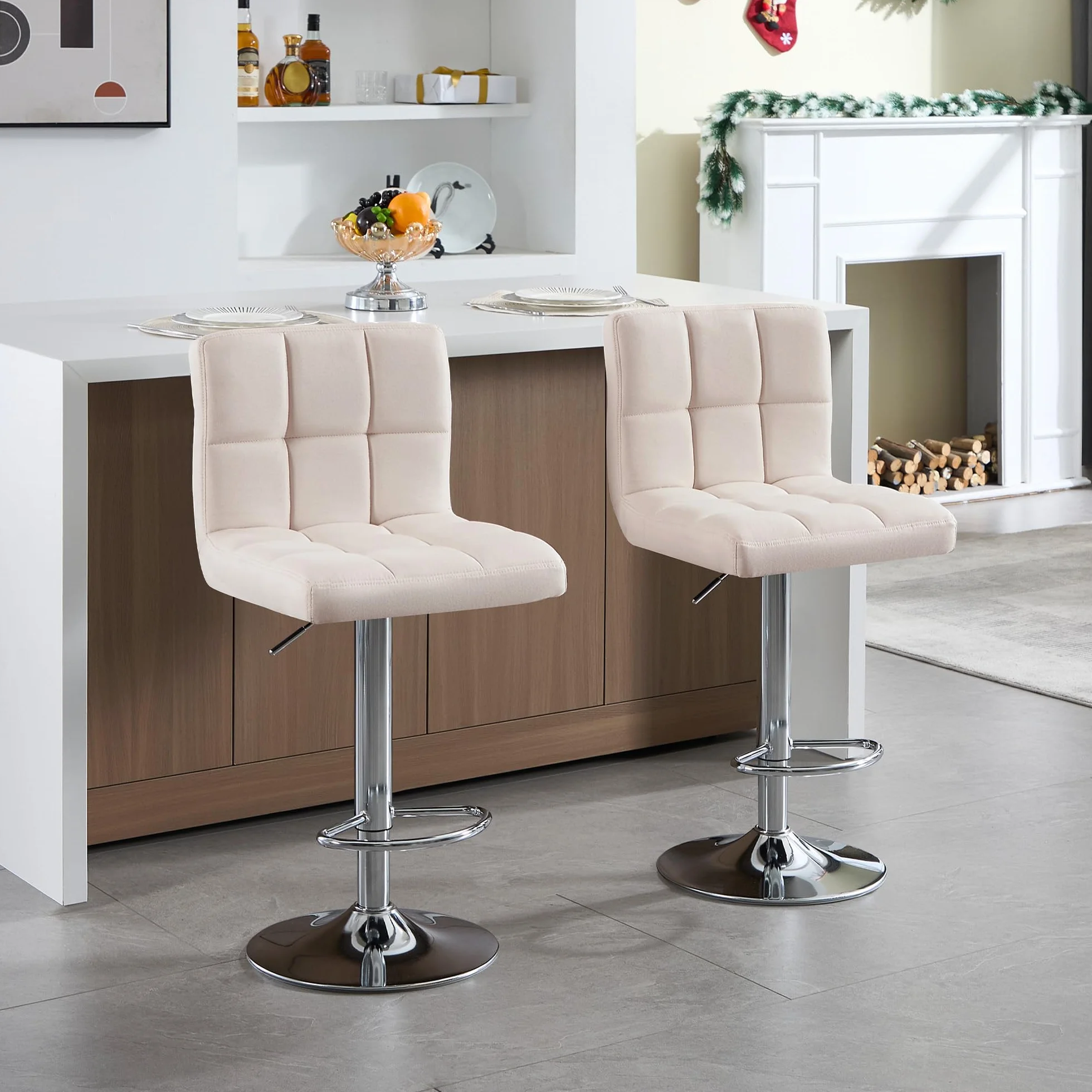 WOLTU 2X Taburete de Bar Silla de Bar Lino Muebles Cocina Taburete Alto Regulable en Altura con Respaldo Sillas Alta Taburetes Tapizado Crema