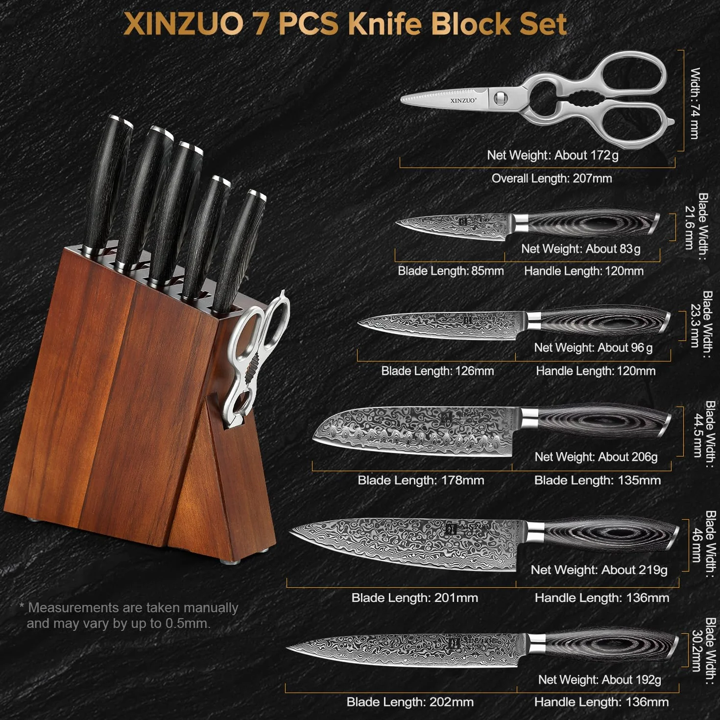 XINZUO Acero Damasco 7 Piezas Set Cuchillo profesional de chef Santoku con Bloque de Madera, Fileteador Universal Fruta,Tijeras de Cocina Multifuncionales con Mango de Pakkawood -Ya Serie
