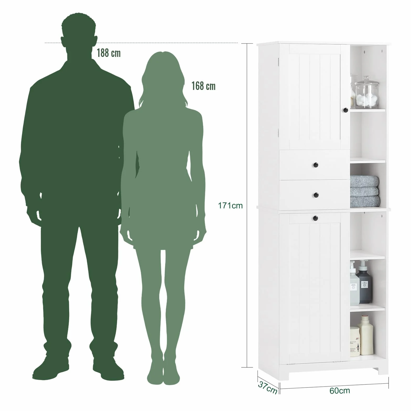 SoBuy Mueble Baño con Cesto De Ropa Sucia Y 6 Estantes, 60x37x171 Cm | Armario alto con 6 estantes y 2 cajones para ropa, toallas y productos de baño; ideal para familias. Blanco. BZR104-W
