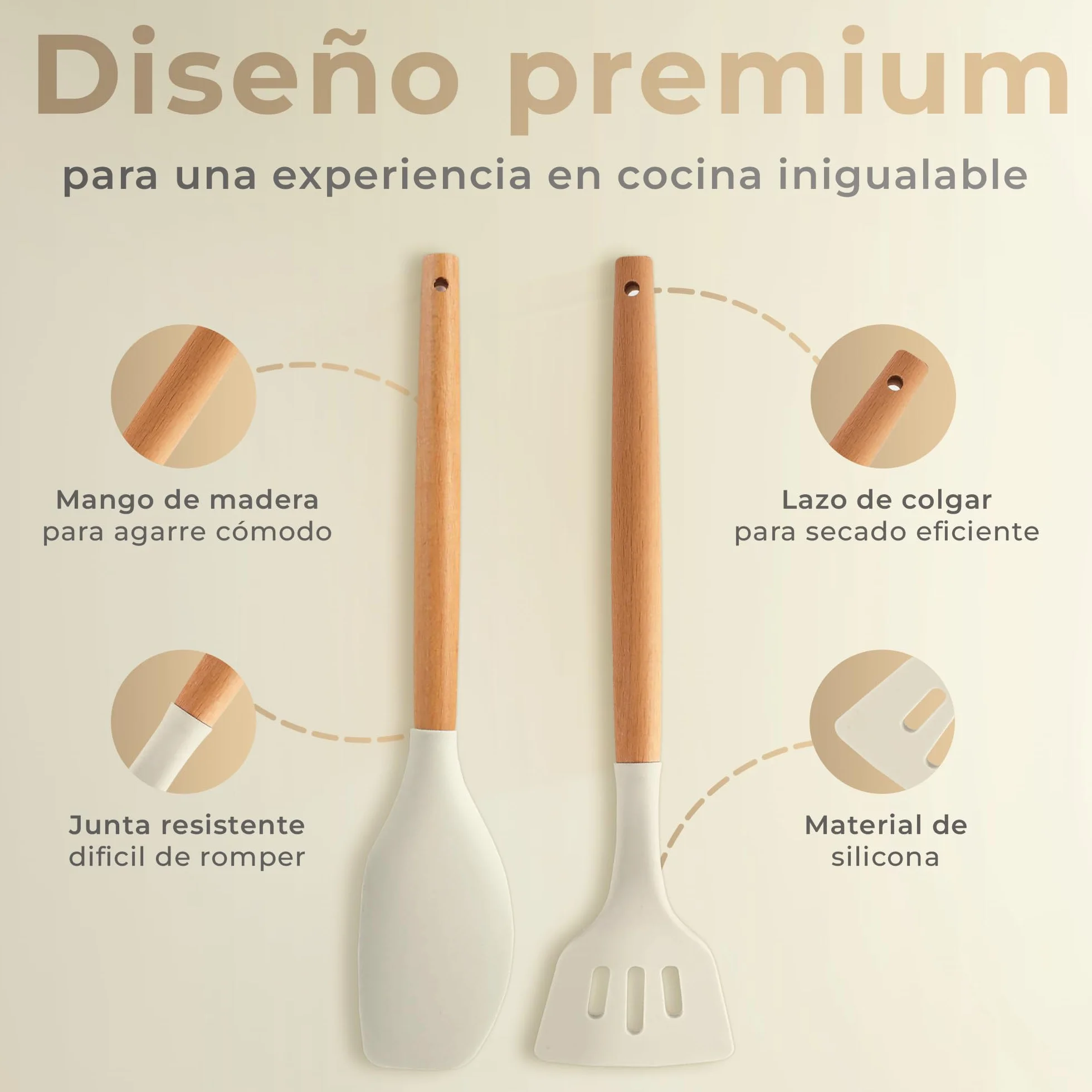 Juego de Utensilios de Cocina de Silicona 12 Piezas con Mangos de Madera y Soporte Organizador Beige