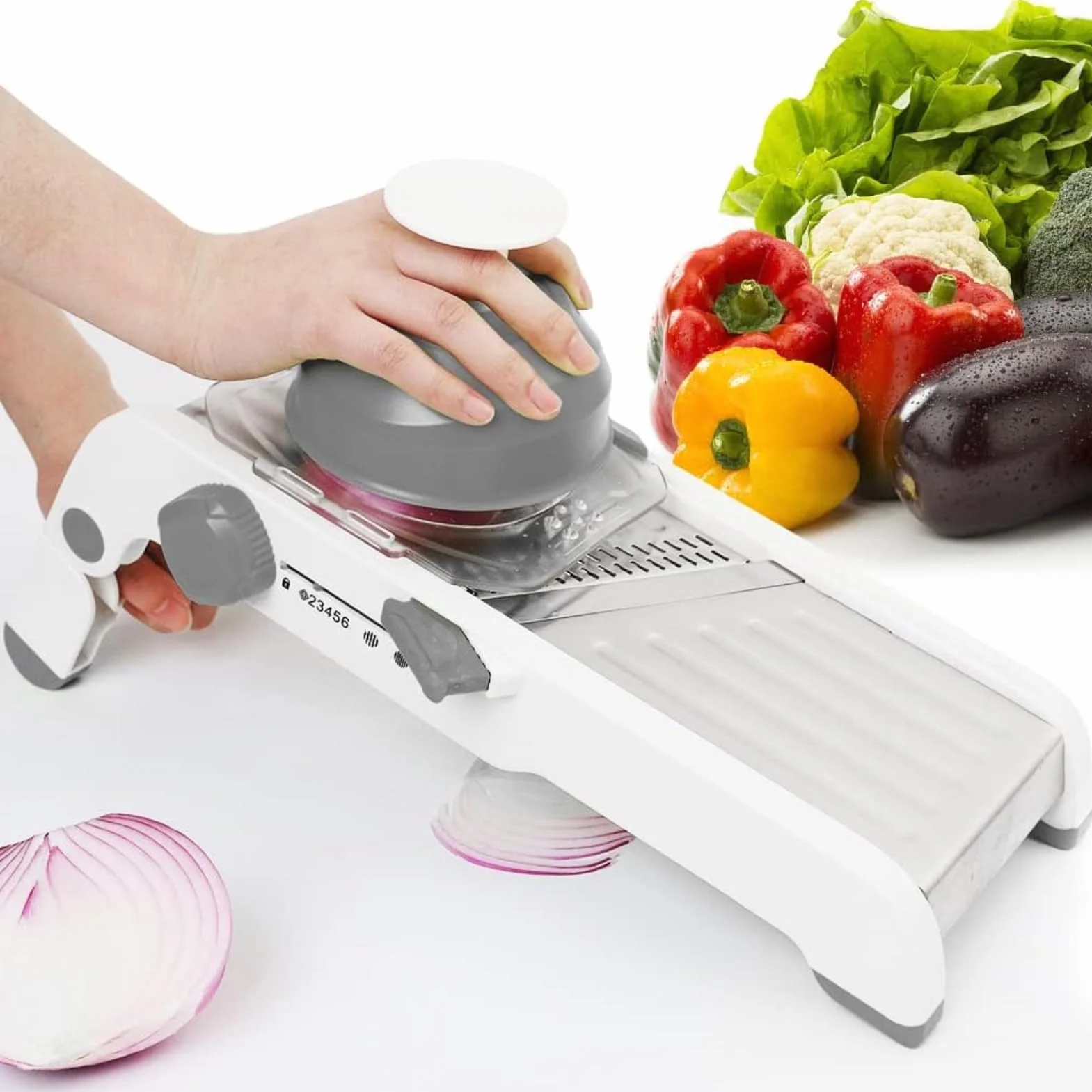 ZKIRON Cortador de mandolina grande para cocina, cortador profesional de cebolla y trituradora de repollo, hoja 2 en 1 integrada para gofres y cortes suaves, protector de mano de seguridad incluido