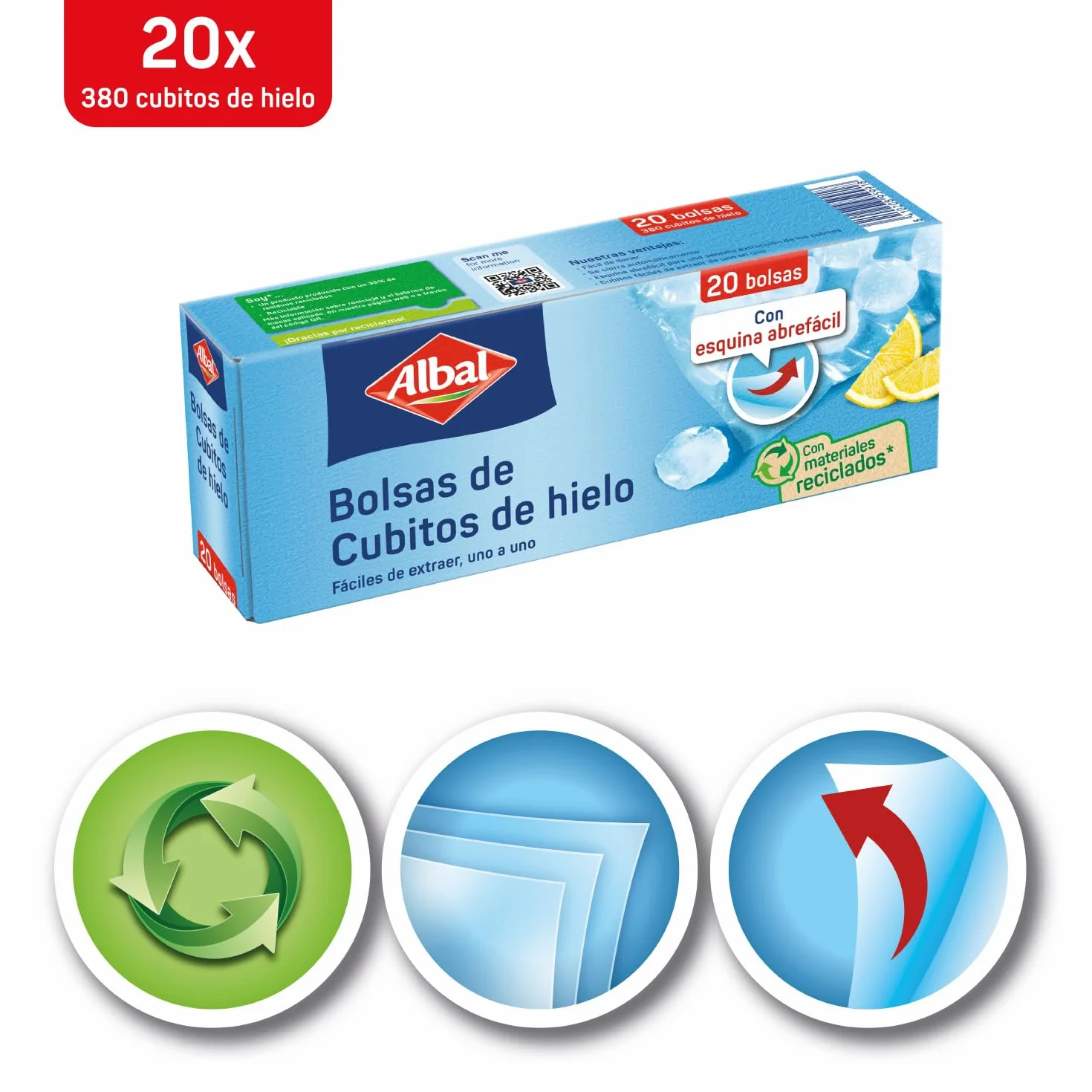 Albal Bolsas de cubitos de hielo con válvula de cierre automático, 20 unidades, material reciclado, sin BPA