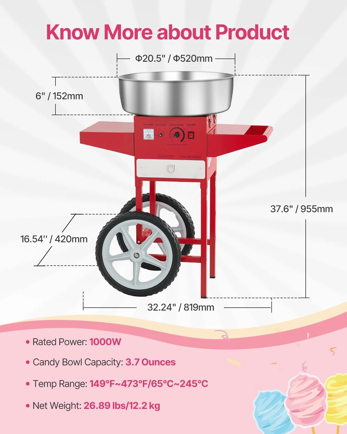 VEVOR Máquina Eléctrica de Algodón de Azúcar con Carro, 1000 W, con Recipiente de Acero Inoxidable de 52 cm, con Cuchara, para Hogar, Cumpleaños, Fiestas Familiares, Rojo, 819 x 520 x 855 mm