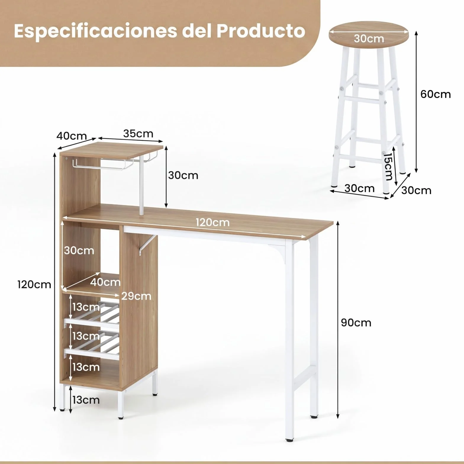 COSTWAY Juego de 3 Piezas Mesa y Sillas de Bar, Mesa y Taburetes Industriales con Soportes para Copas de Vino y Estantes para 6 Botellas de Vino, Juego de Mesa para Comedor Cocina (Natural)
