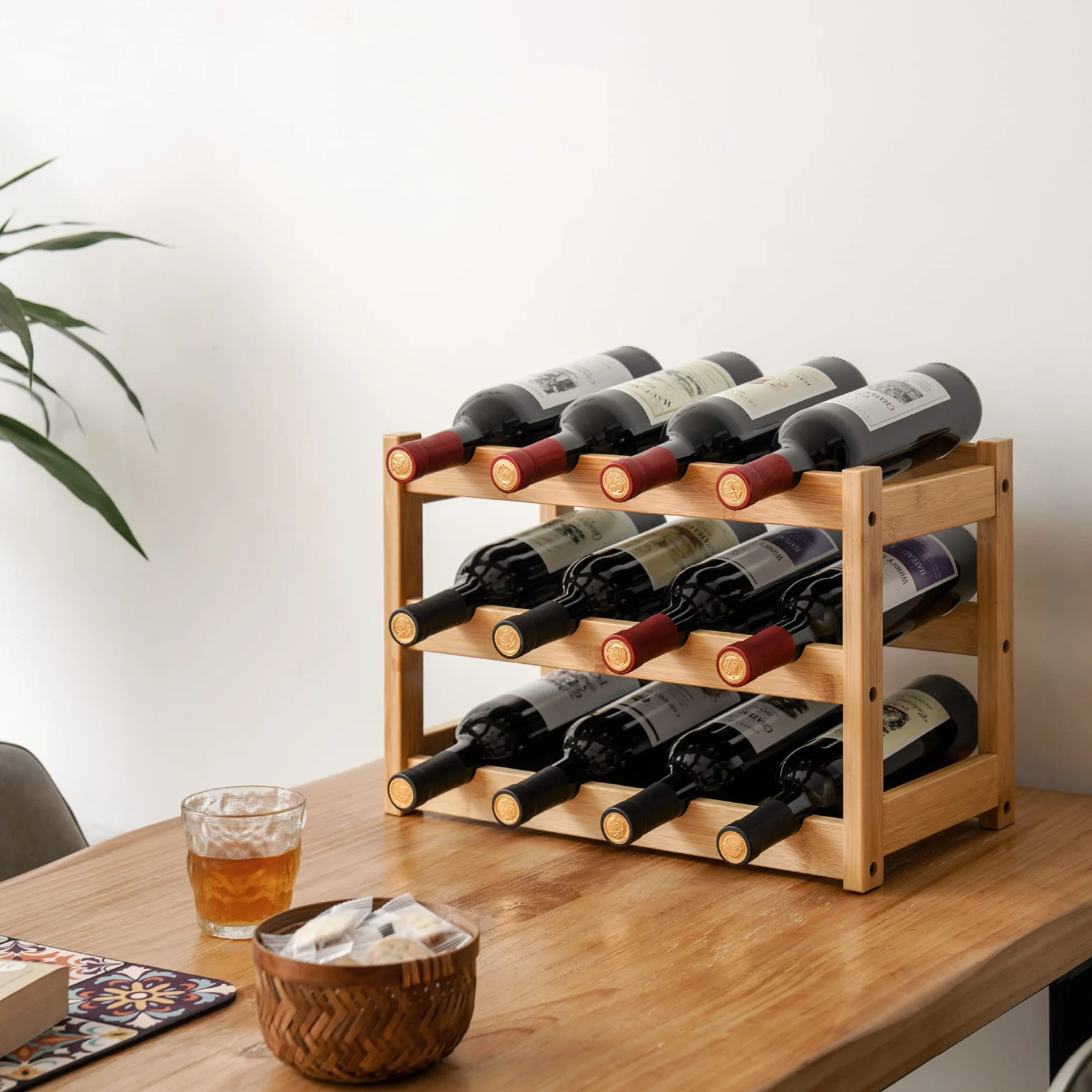 VASMIA Botellero de Vino, Estante para Vino, estantería de bambú de 3 Niveles para encimera, Soporte Independiente para 12 Botellas, Adecuado para Cocina, despensa, Bodega, Bar, Natural