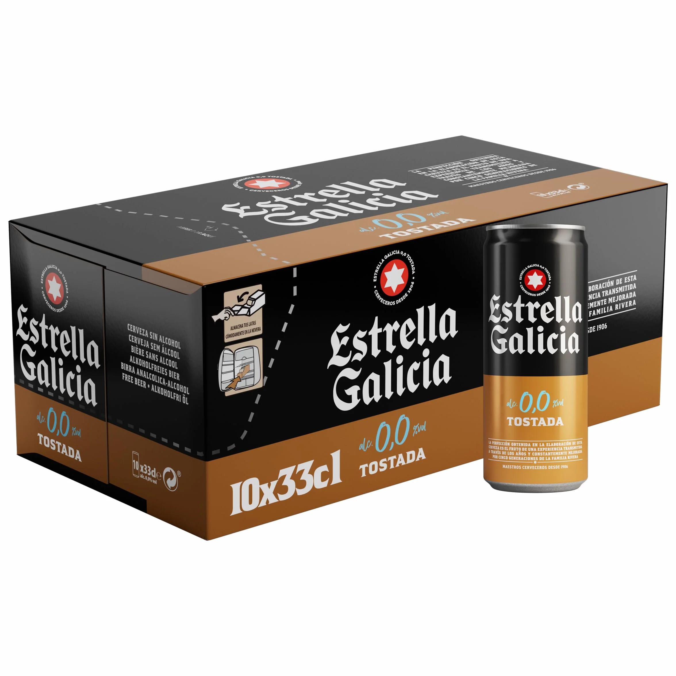 Estrella Galicia 0,0 Tostada Cerveza Lager sin Alcohol Frigopack 10 Latas x 33 cl