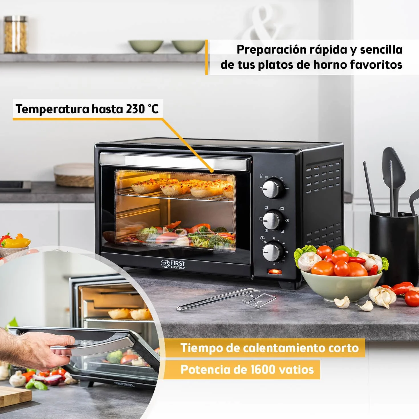 First Austria Mini Horno 30L 1600W Horno Eléctrico con Termostato 230°C Temporizador 60min 3 Alturas Bandeja Parrilla