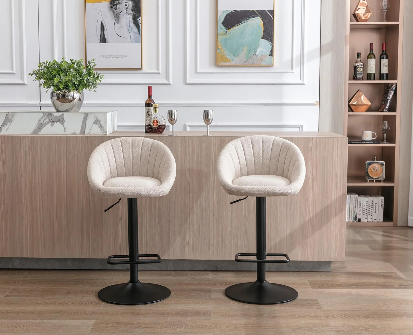 Ya-Home Juego 2 Taburetes de Bar Modernos Taburetes Alto de Cocina con Respaldo,Sillas Bar Giratorios Sillas Altas de Mostrador Regulables para Isla Cocina/Restaurante,Beige