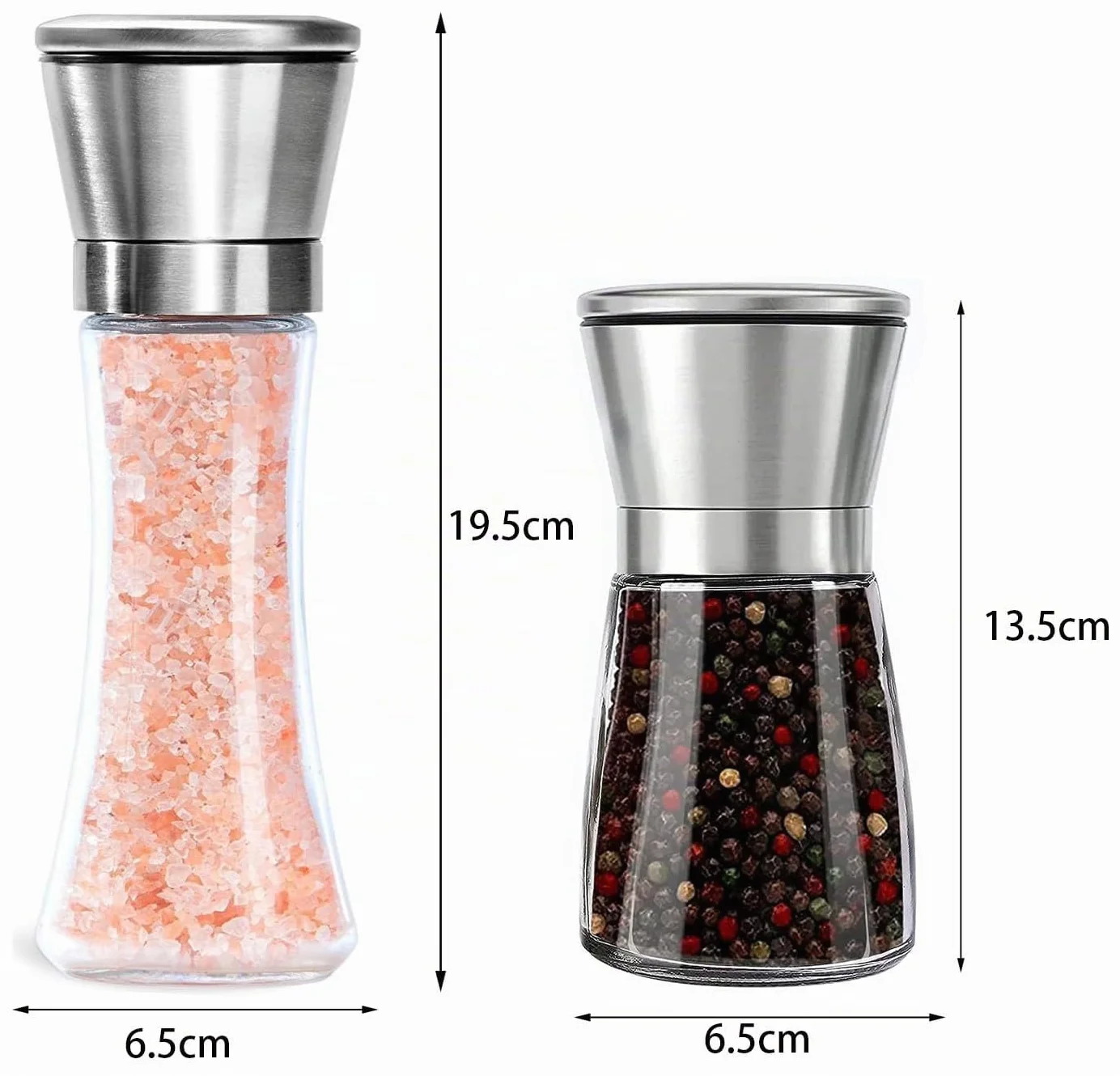 Juego de 3 Molinillos de Sal y Pimienta, Cierre de Acero Inoxidable y Molino de Cerámica con Grosor Ajustable Pimentero o Especiero, Molinos Manuales, 200ML