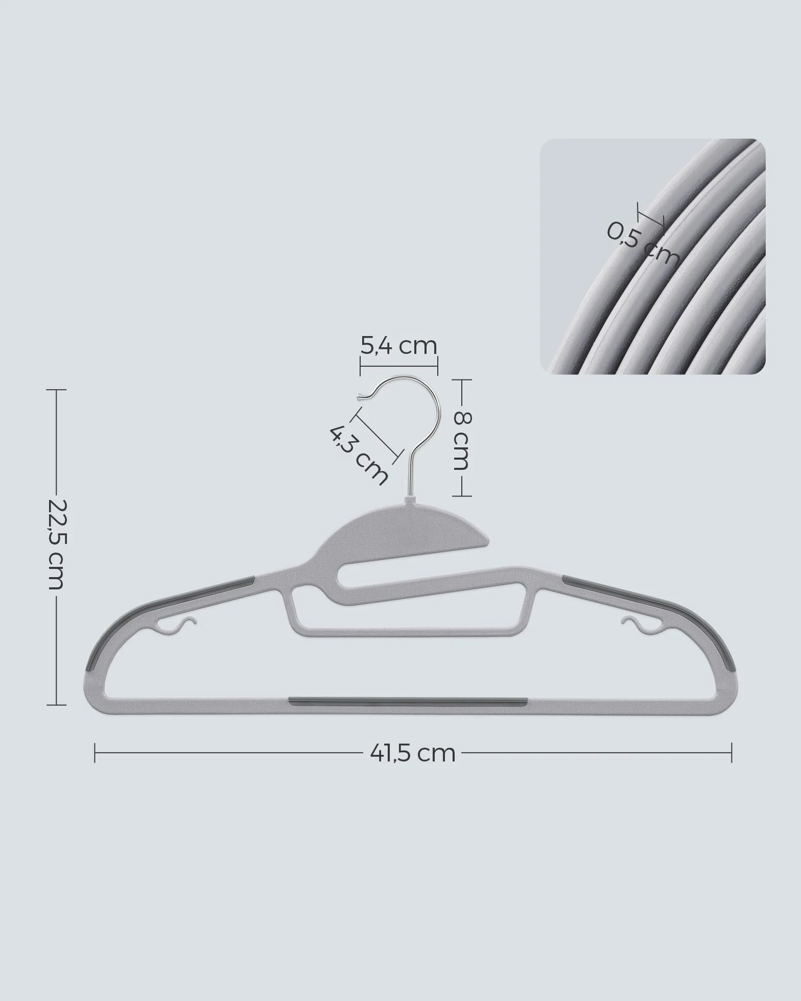 SONGMICS Perchas de Plástico Antideslizantes 0,5 cm 41,5 cm Gancho Giratorio 360º Gris Claro y Oscuro