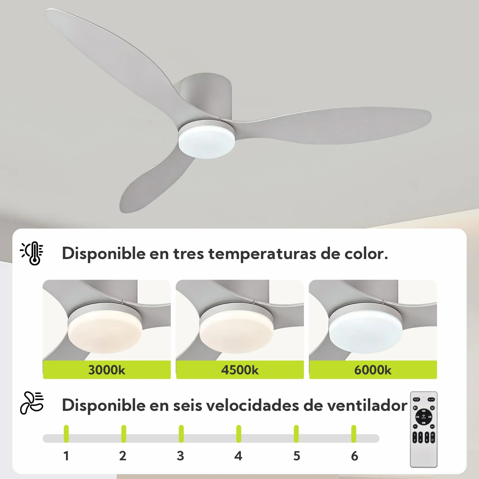 Ventilador de Techo Plástico con Luz 3 Aspas,Ø132cm 30W, LED con 3 Temperaturas de Color(3000K, 4000K, 6500K)| con Mando，6 Velocidades, Programable, Modo Verano/Invierno Blanco15㎡-20㎡