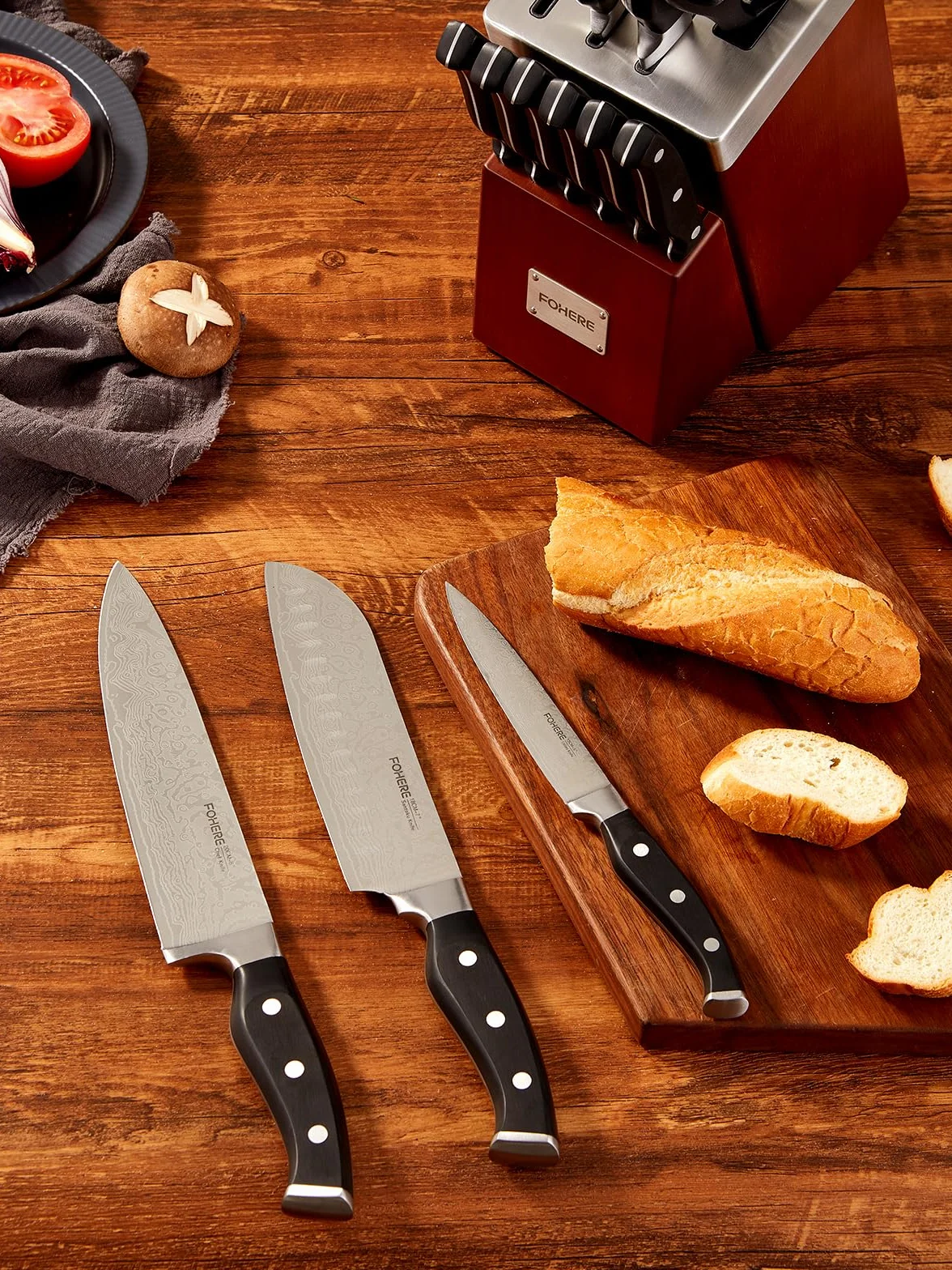 FOHERE Juegos de Cuchillos de Cocina con Auto-afilables, 14 Piezas, Bloque de Cuchillos con Mango Ergonómico y Acero Inoxidable, Bloque de Madera