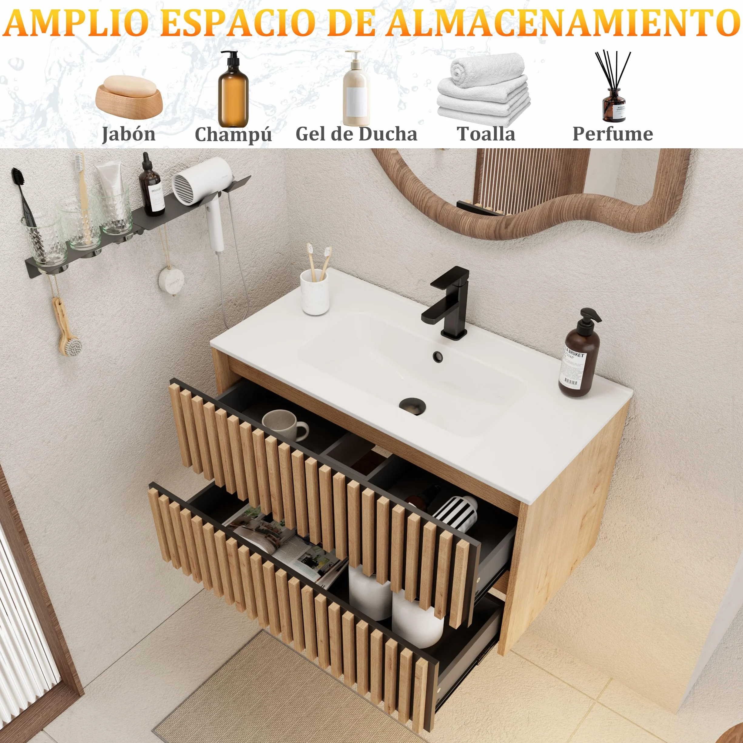 UEV 90CM Mueble de Baño Suspendido con Lavabo de Cerámica, Mueble Lavabo Incluido con 2 Cajones para Almacenaje, Moderno y Práctico, Natural