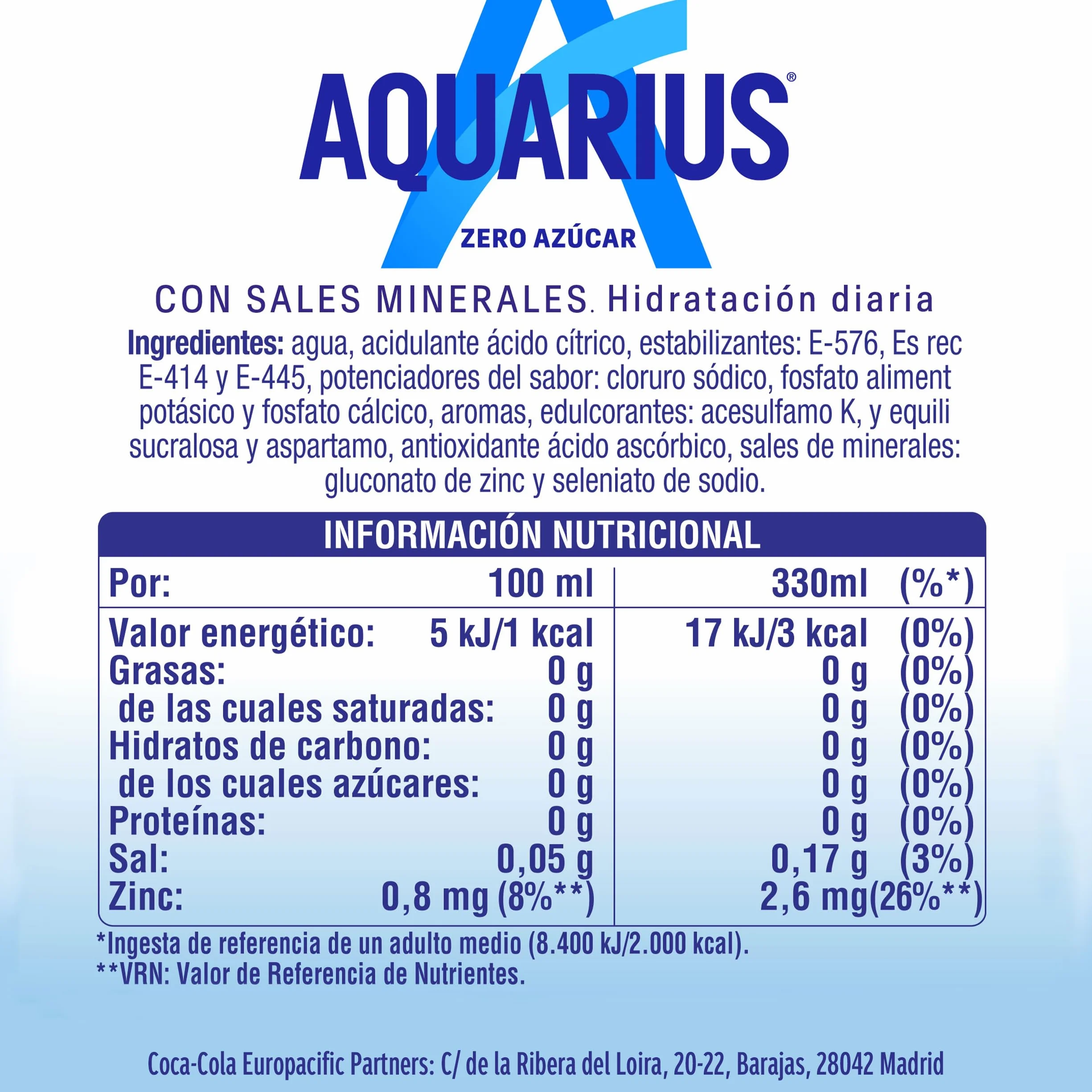 AQUARIUS Limón Zero Azúcar Bebida Hidratante con Sales Minerales Pack 24 Latas 330 ml