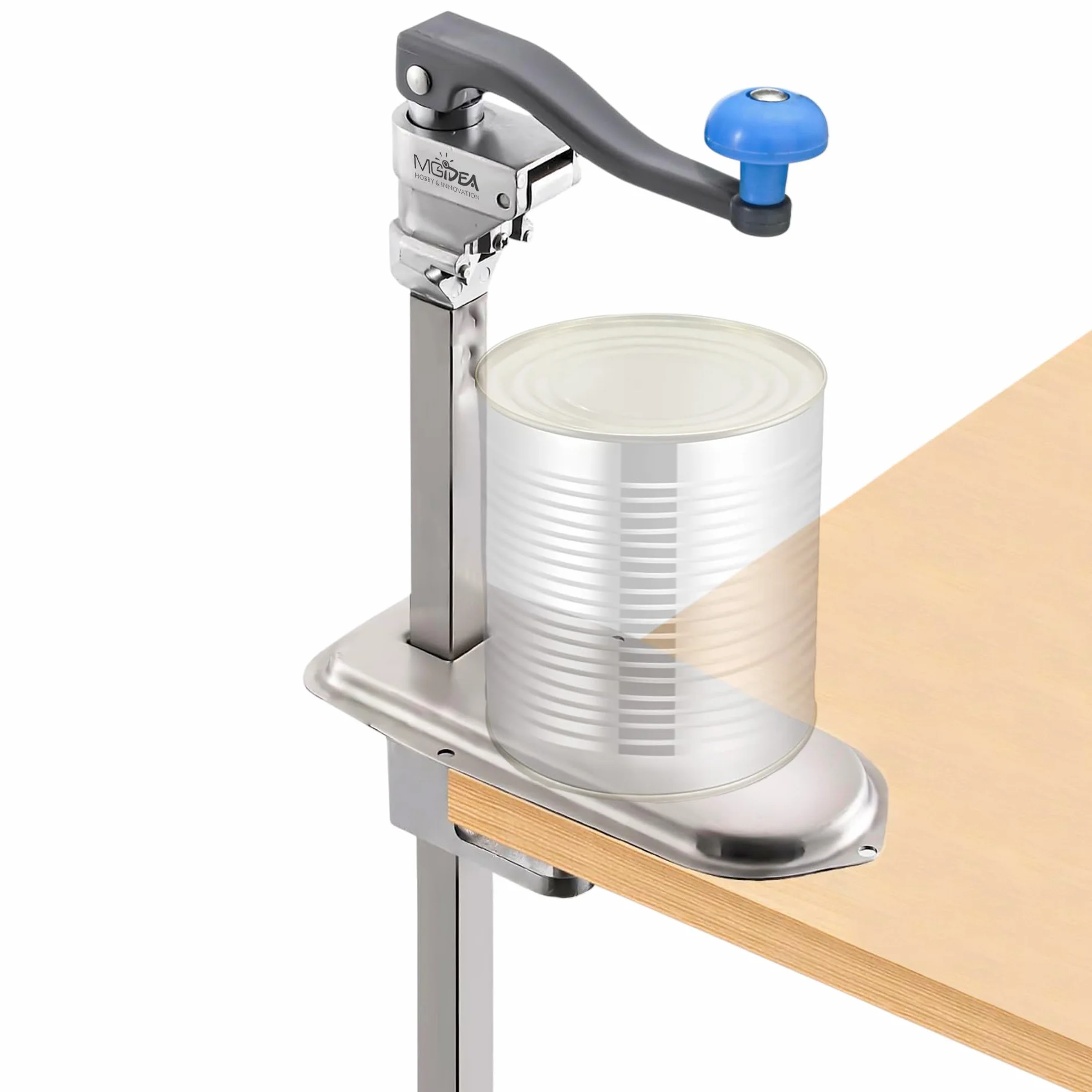 Abrelatas profesional con hoja de acero, altura ajustable 780 mm, abrazadera de mesa, mango ergonómico azul