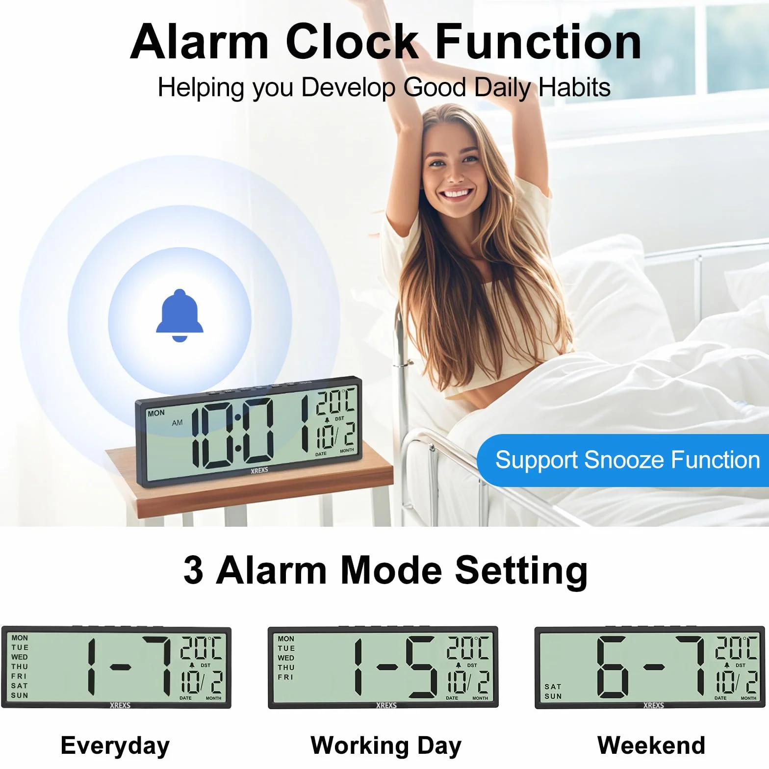 XREXS Reloj de Pared Digital de 14,5 Pulgadas, Hora, Calendario, Temperatura, Función DST, Funciona con Pilas, para Dormitorio, Salón, Aula, Oficina (Negro)