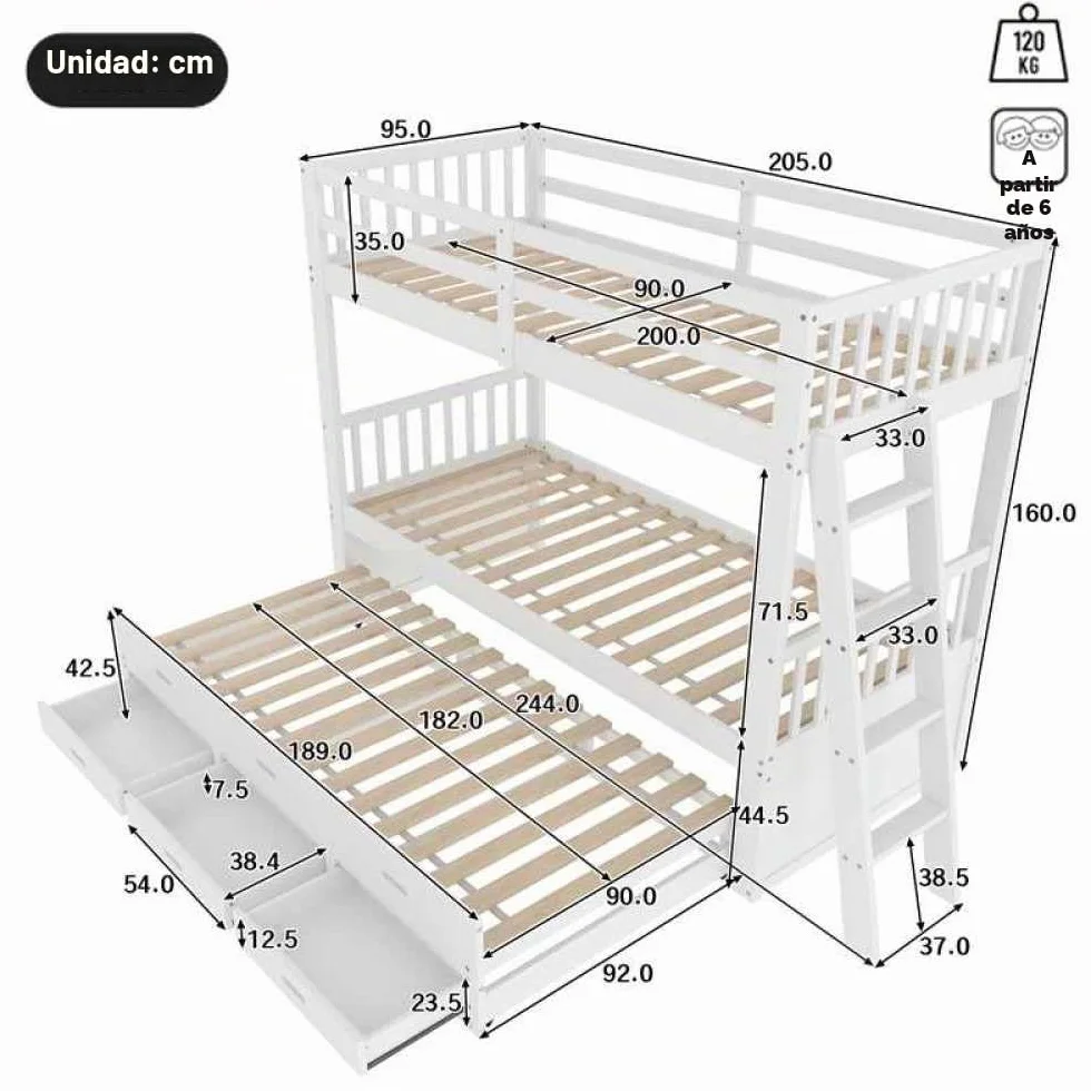 Litera infantil de 90x200cm con escalera, cama extraíble y 3 cajones, estructura de pino y MDF, barandilla alta, convertible en 2 camas individuales, colchón no incluido, Blanco