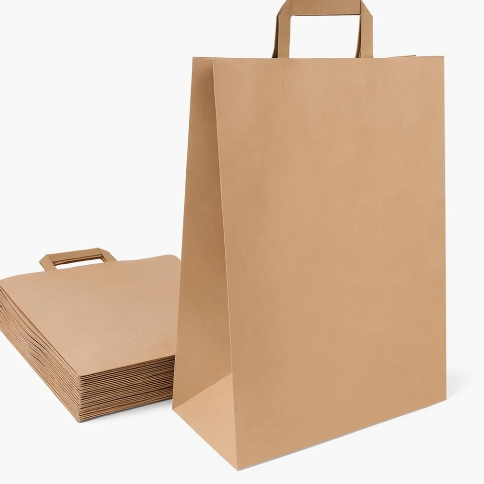 Commerline Bolsas de Papel Kraft | 32+16x44 cm, 250 Unidades, Marrón | Bolsas de Regalo | Sacos de Transporte con Asa | Sacos Reutilizables