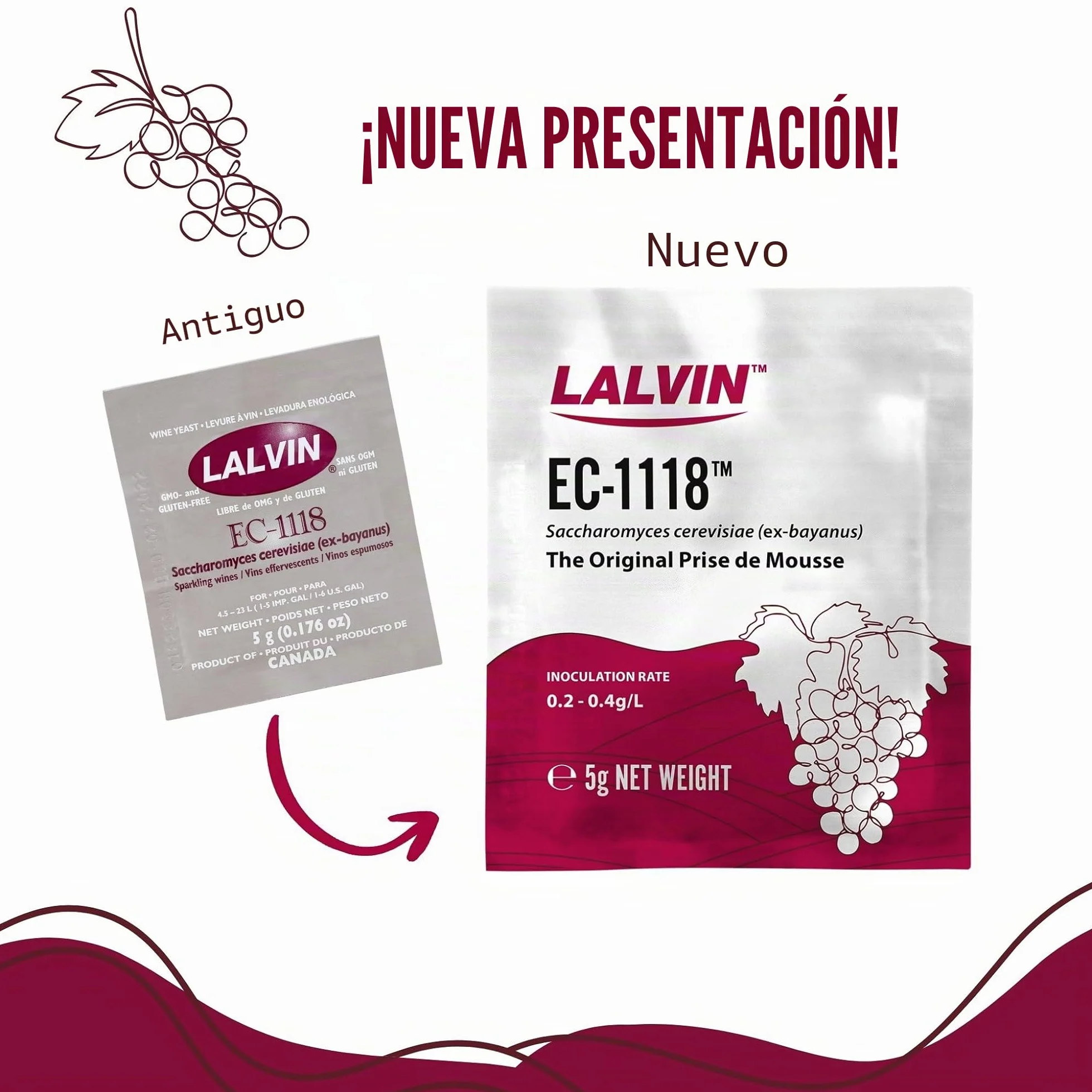 Lalvin EC-1118 Levadura de Vino Champagne - 5 Paquetes de 5 g - Saccharomyces cerevisiae