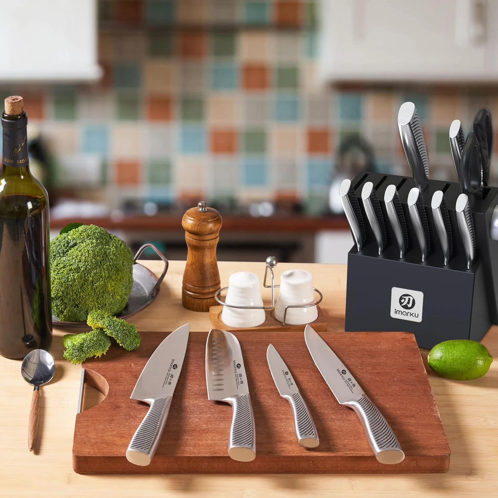 imarku Bloque de Cuchillos Negro, 14 piezas Cuchillos de Cocina, Afilado Juego de Cuchillos Japoneses con Bloque de Madera para Cuchillos, Regalos Dia Del Padre