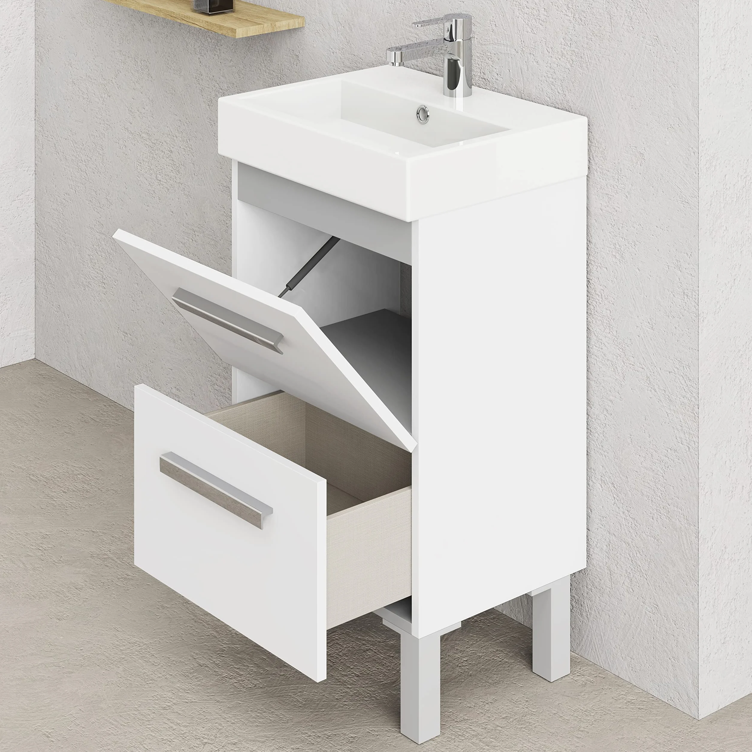 Baikal Conjunto De Mueble De Baño 45cm. Incluye Mueble con Lavabo. Melamina 16mm. Mueble MONTADO. Lavabo Encastrado. con Espejo Puerta Abatible + Cajón Blanco