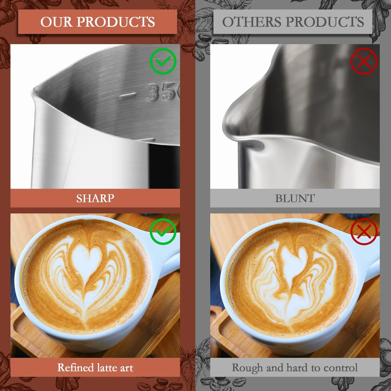 JOPHEK Jarra de Leche Barista 304 Acero Inoxidable Con Medición y Lápiz Decorador Para Espresso, Café y Espuma (350ML)
