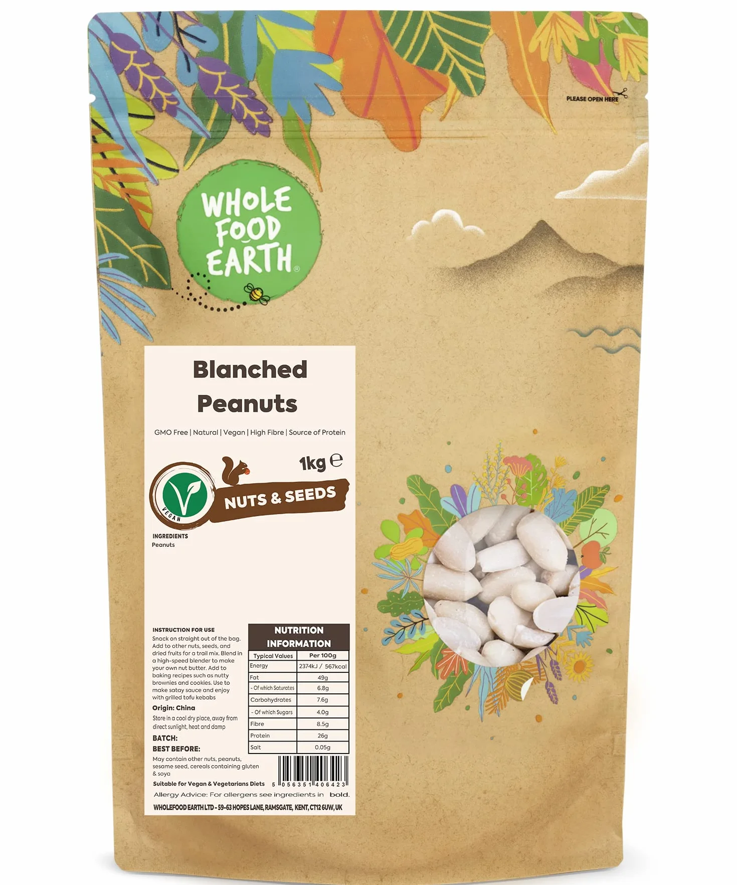 Cacahuetes sin piel sin transgénicos veganos sin lácteos sin azúcar añadido 1 kg