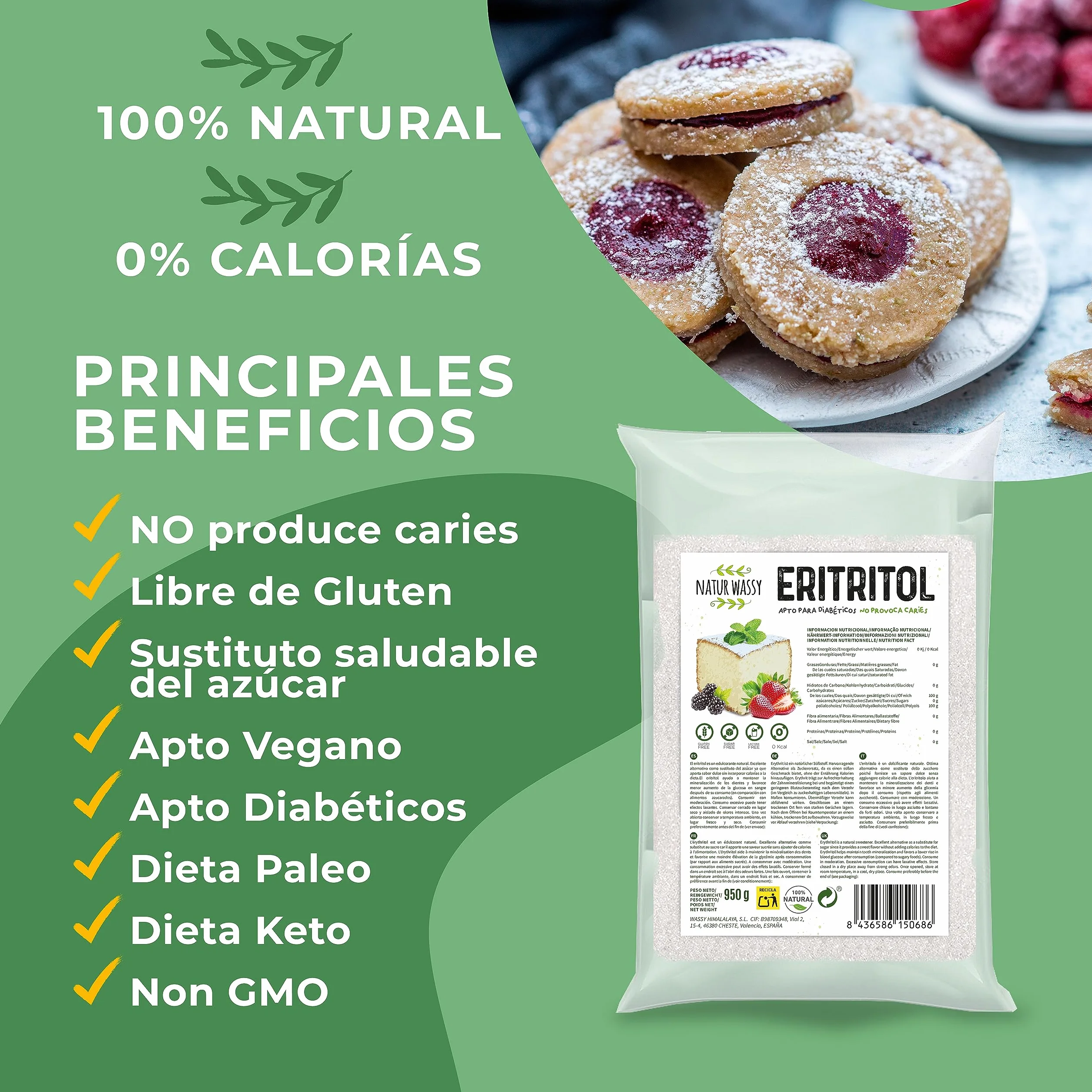 Eritritol Edulcorante Natural Sustituto Del Azúcar Zero Calorías Endulzante KETO Premium 100% Vegano Apto Diabéticos