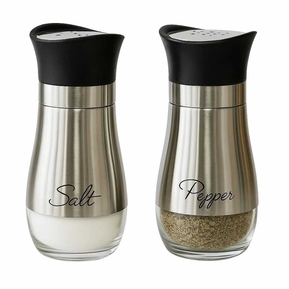 Dependable Industries - Juego de salero y pimentero de acero inoxidable con texto en inglés "Salt" y "Pepper" impreso en la parte delantera, sin BPA, dispensadores de especias de 4.5 onzas, mesa de