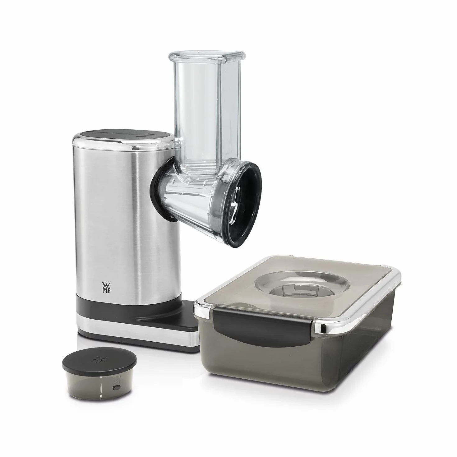 WMF Kitchenminis - Rallador Eléctrico con Accesorios Salad-To-Go, 150 W, Cromargan, 2 Velocidades, Negro/Plateado