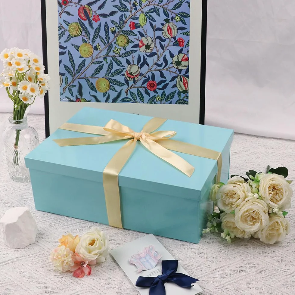 Caja de regalo Azul con tapa 31.5 x 21.5 x 11 cm, Cajas de Regalo Premium con Tapa y Cinta para Regalos de San Valentín, Navidad Incluye Papel seda triturado Tarjetas sobre