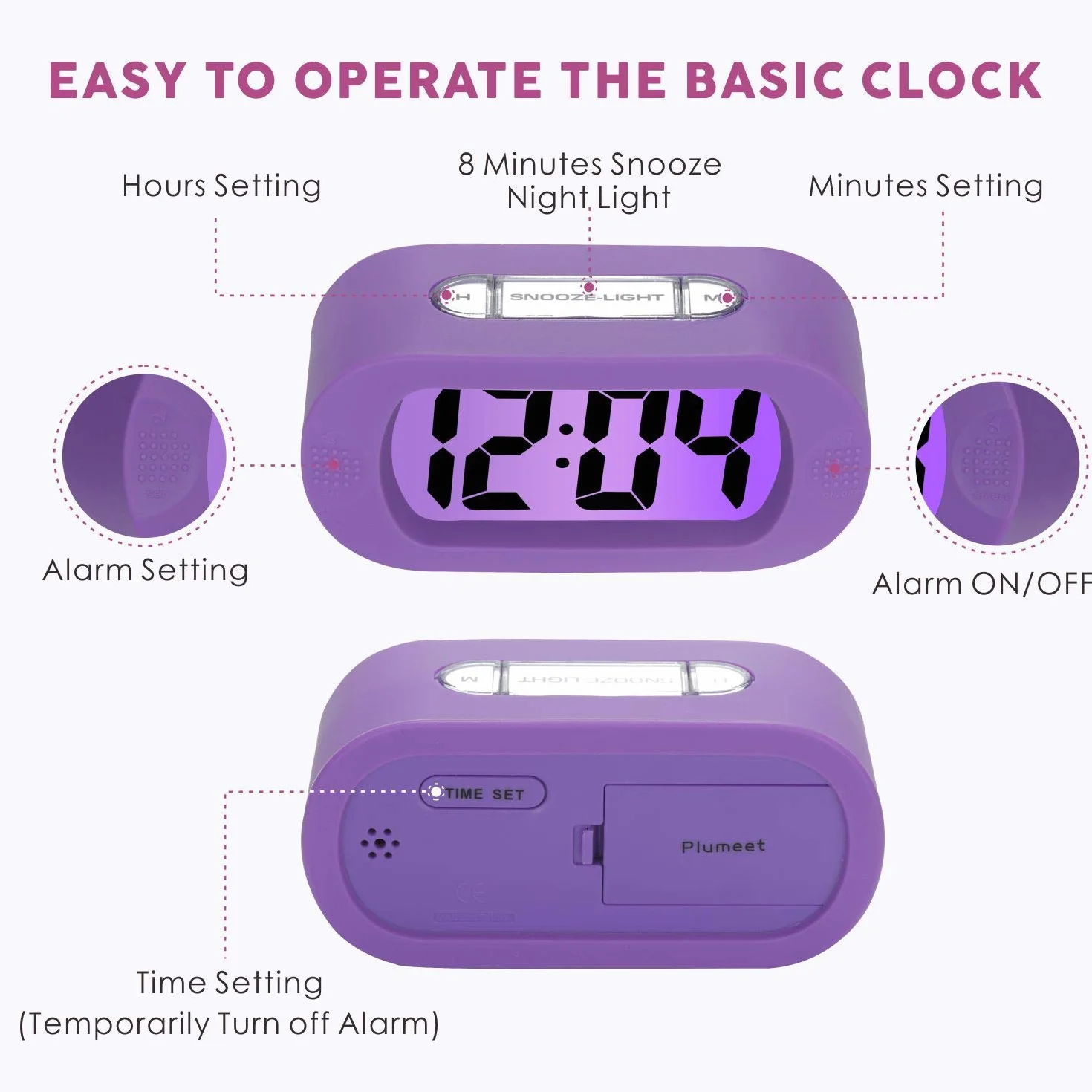 Plumeet Reloj Despertador Digital LCD Viaje, con Gran Pantalla, fácil de configurar, con Snooze y luz de Noche, Alarma con Sonido Ascendente y portátil, el Regalo Ideal para niños (Morado)