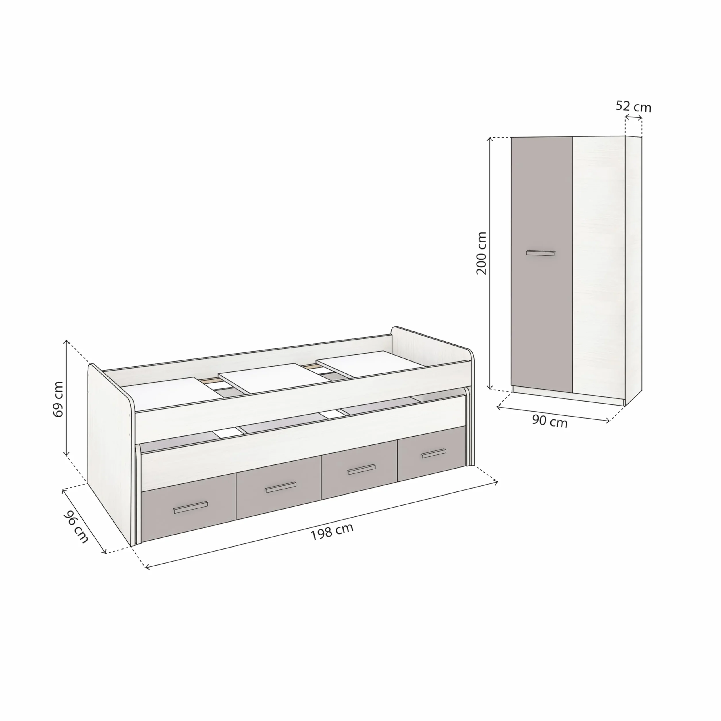duehome | Pack de Dormitorio Juvenial con Cama Nido Juvenil y Armario, Conjunto de Dormitorio Infantil, Modelo Axim Plus, Acabado en Blanco Alpes y Basalto