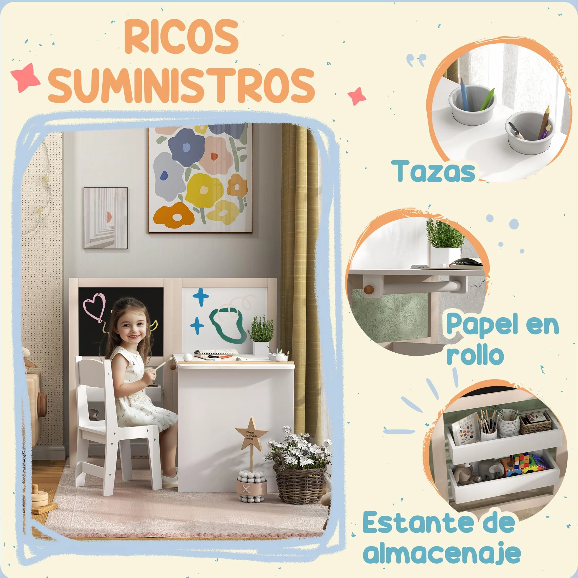 AIYAPLAY Mesa y Silla Infantil de 2 Piezas Plegable para Niños +3 Años con Estantes y Rollo de Papel Blanco