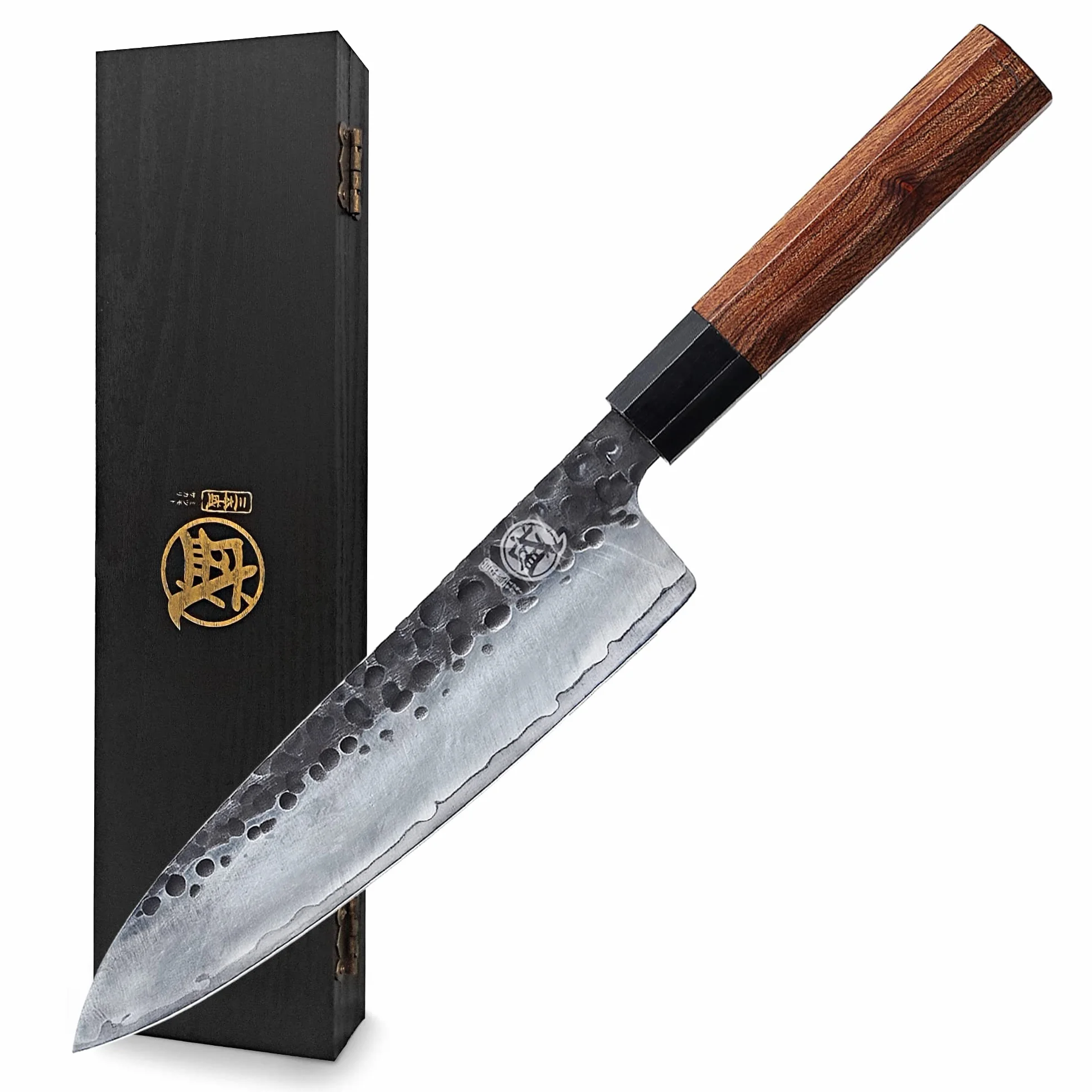 MITSUMOTO SAKARI Cuchillos Cocina Gyuto, Cuchillo Japones de Acero de Alto Carbono, 20 cm Cuchillos Cocina Profesional Forjados a Mano (Mango de Palo de Rosa y Caja de Regalo)