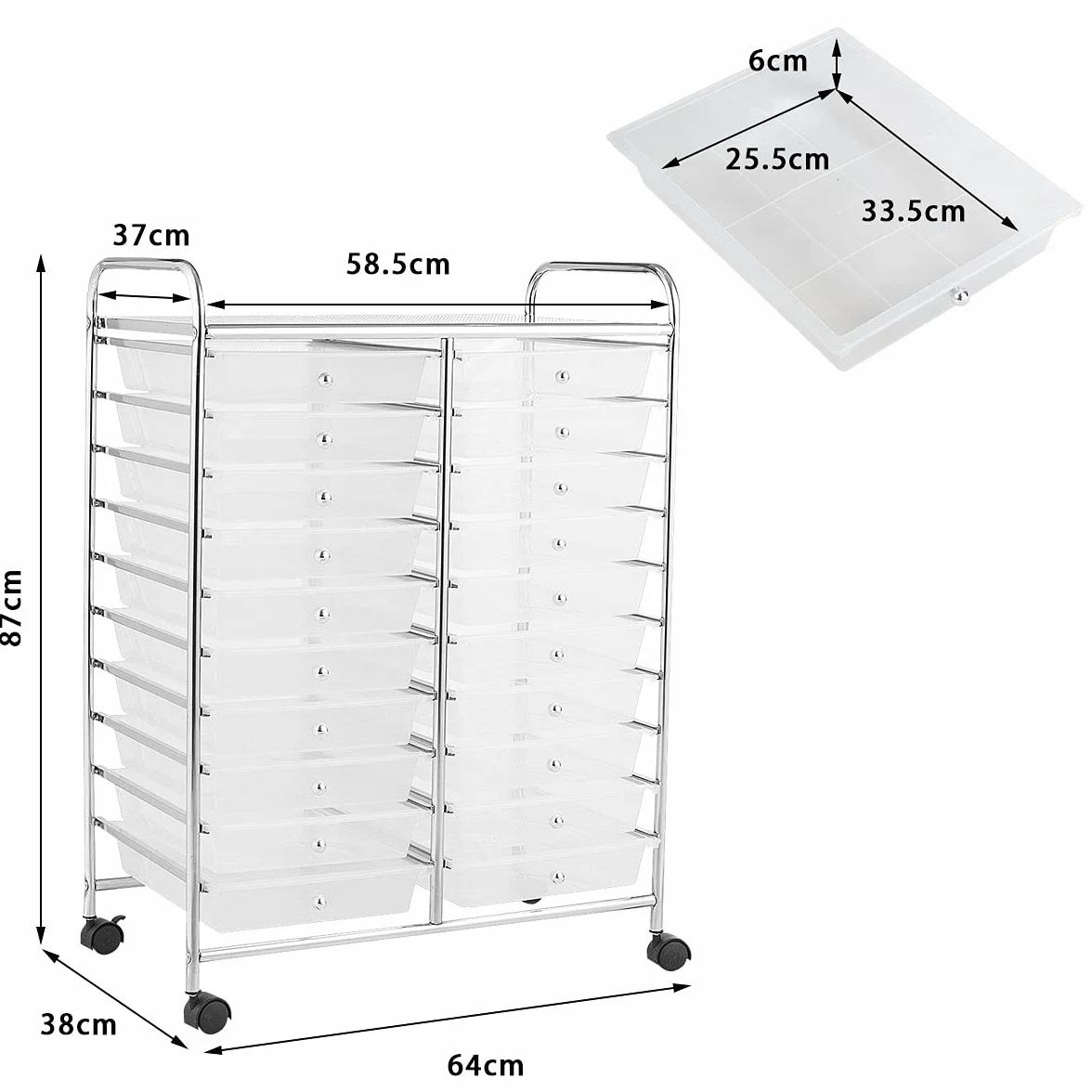 RELAX4LIFE Carrito de Almacenamiento con 20 Cajones y 1 Estante Superior, Carrito Auxiliar de 10 Niveles con 4 Ruedas Universales y 2 Frenos, Carro Multiusos para Baño, Cocina, Salón (Transparente)