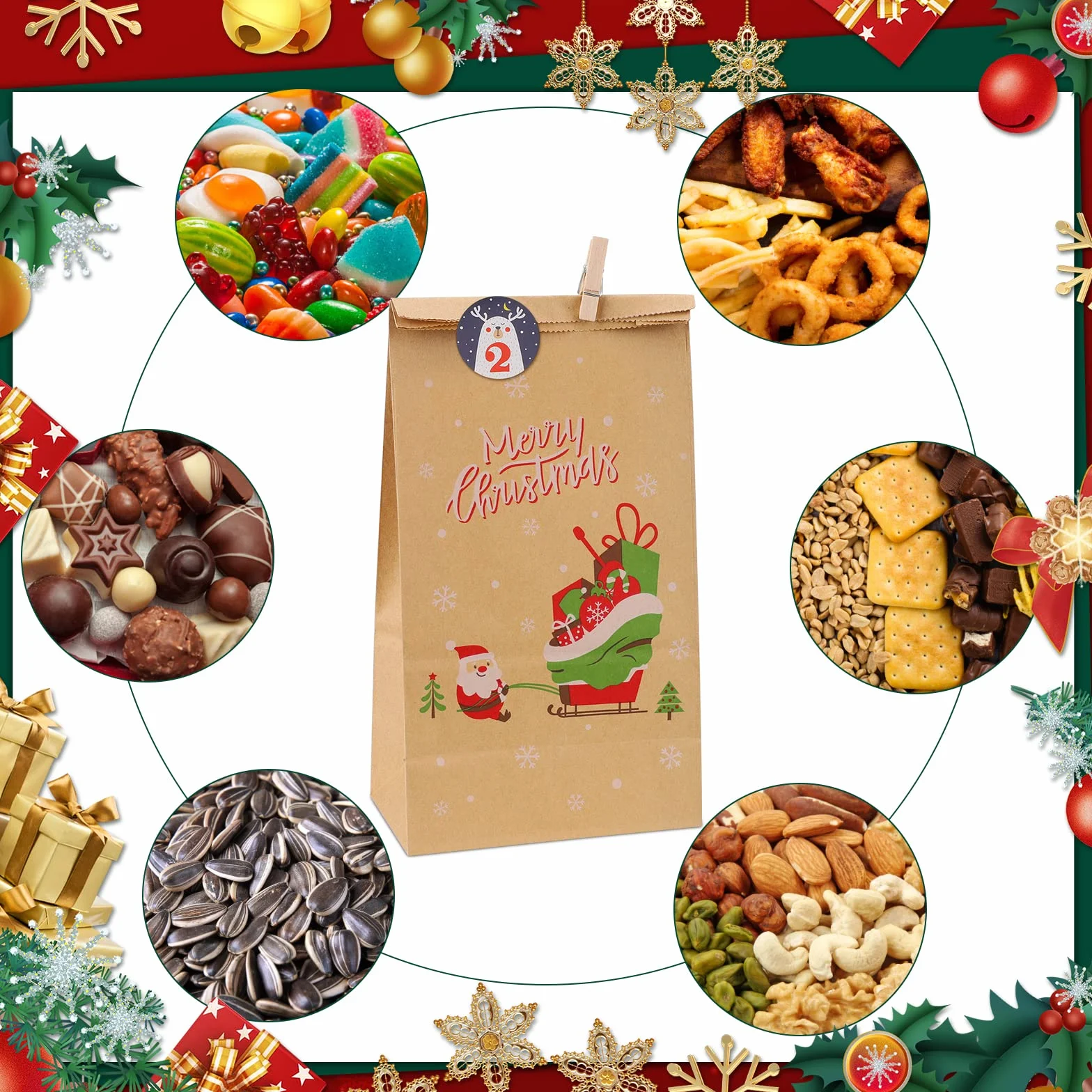 Calendario Adviento 2025 para Rellenar con 24 Bolsas, Adhesivos y Cuerda, DIY Bolsas de Papel Kraft Navideño, Marrón