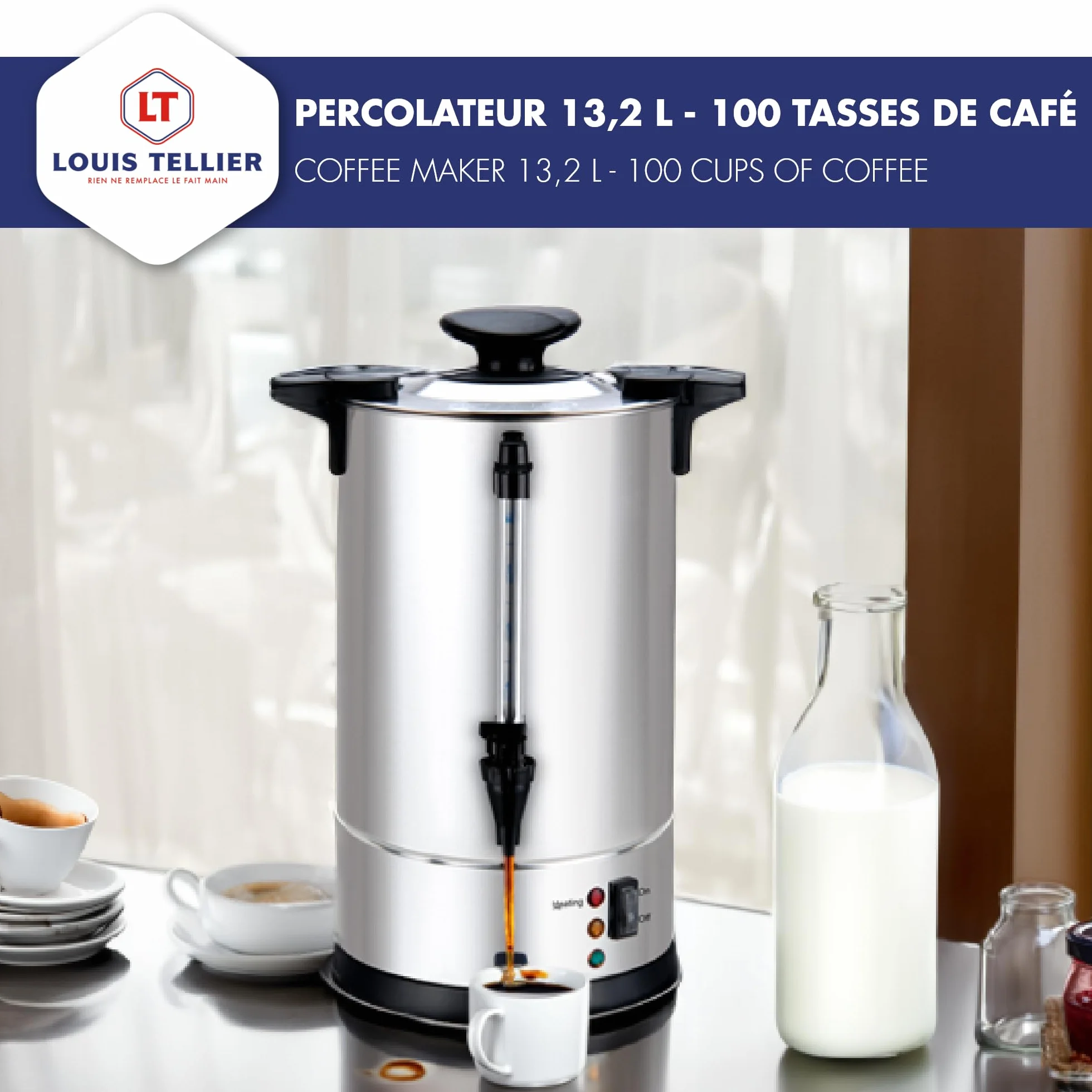Louis Tellier Percolador de Café Profesional 13,2 L 100 Tazas Acero Inoxidable Grifo de Goteo