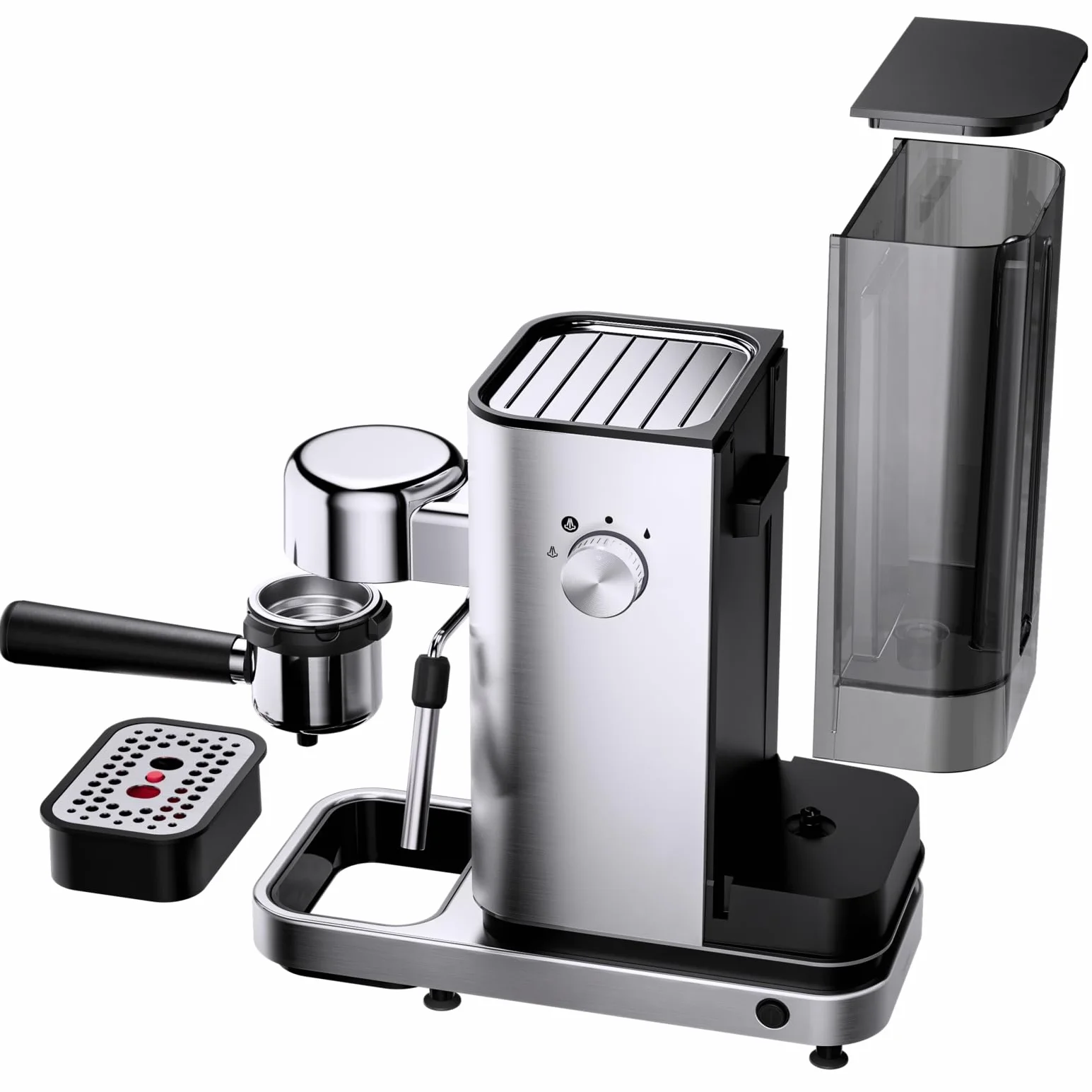 WMF Lumero - Cafetera expreso con 3 portafiltro, 1400 vatios, para 1-2 tazas de expreso, 15 bares, reposavasos, espumador de leche, prensador de café, luz led, acero inoxidable mate