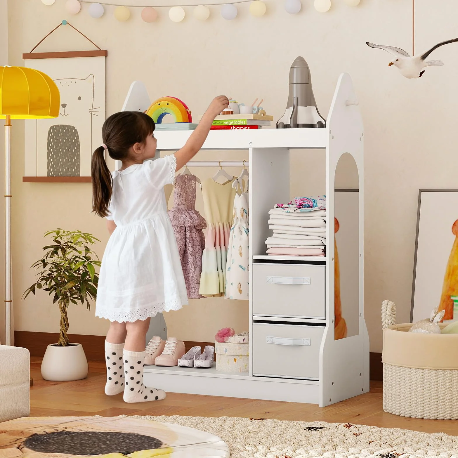 COSTWAY Armario de Almacenamiento Infantil con Espejo Acrílico y Perchero, Blanco