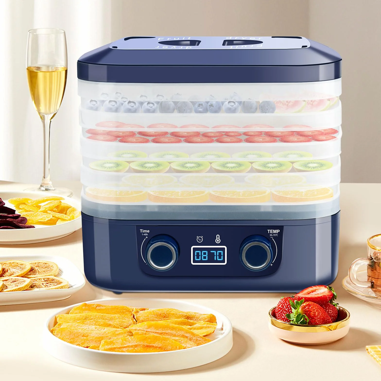 DeeprBling Deshidratador de Alimentos 5 Bandejas Desmontables Control de Temperatura 35-70°C Temporizador 48 Horas Frutas Verduras Pantalla Digital Sin BPA