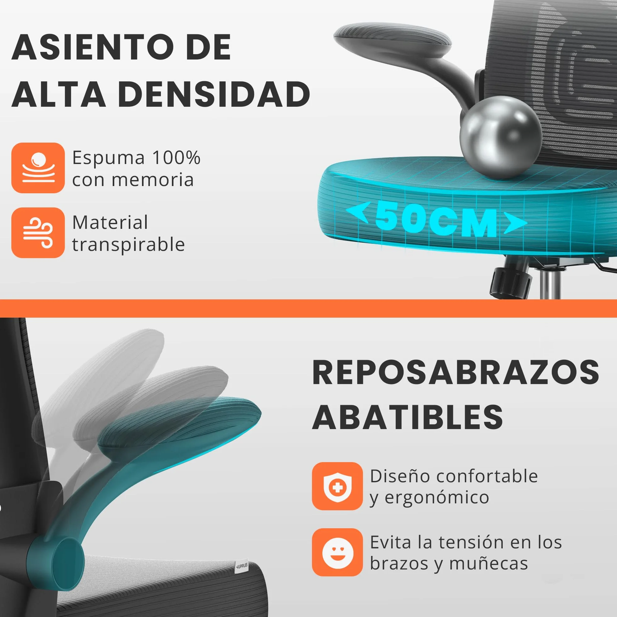 Silla Escritorio Ergonómica Ajustable Reclinable con Soporte Lumbar, Reposacabezas, Reposabrazos Plegables, Malla Transpirable, Ruedas 360°, 120 kg
