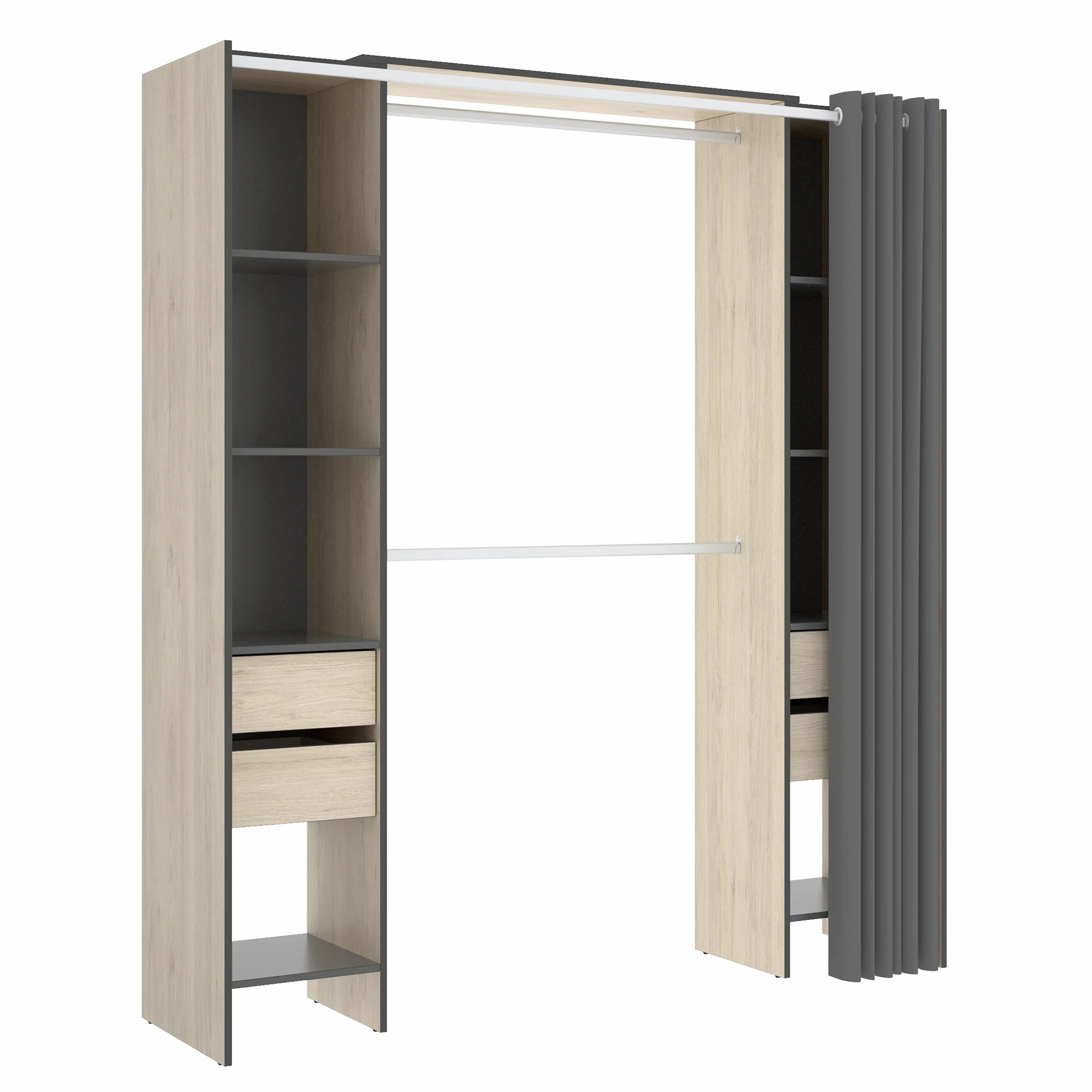 DEKIT GRUPO RIMOBEL SUIT - Vestidor con estantes y curato cajones con cortina - Natural / Grafito - 205 X 50 X 177,5 cm